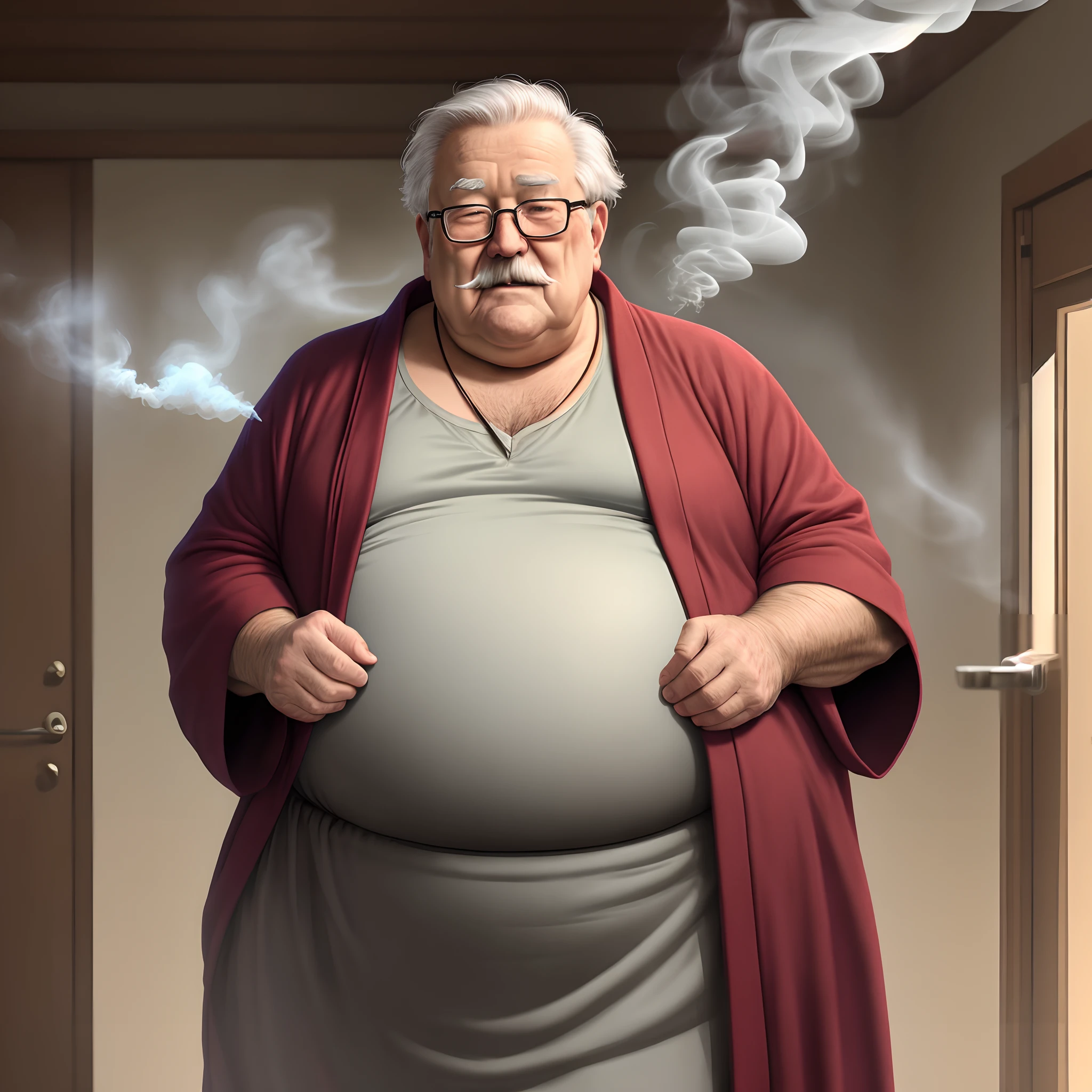 Fat grandpa smoking in a robe