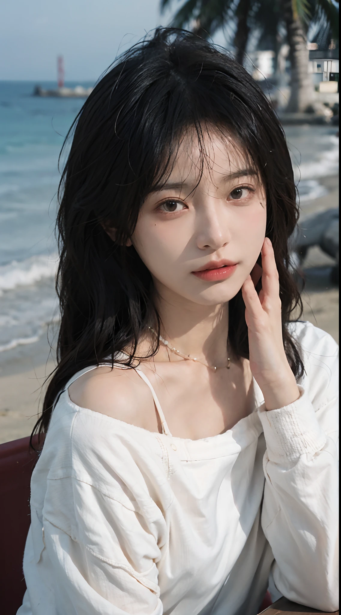 8k, RAW Photo, Best Quality, Masterpiece, High Detail RAW Color Photo, Professional Photo, (Realistic, Photorealistic Photorealism: 1.37), (High Detail Skin: 1.2), High Resolution, Beautiful Detailed Eyes, (Hard Focus: 1.4), (Clear Focus: 1.4), Realistic, (8K UHD:1.2), realistic high-quality shadows, pink pouty red lips, slender face, full, (wavy hair), half top knot, gray-blue wavy short hair, sapphire eye color, suggestive appearance, (extreme face close-up), pov, ((depth of field)), pale and shiny skin, crop top t-shirt, 30 years old, buruma, Maldives seaside, white clouds, background blur, lens flare, (vignetting: 0.8), dramatic lighting, cinematic lighting, backlighting, Professional lighting, physically based rendering, ulzzang-6500-v1.1, pureerosface_v1.