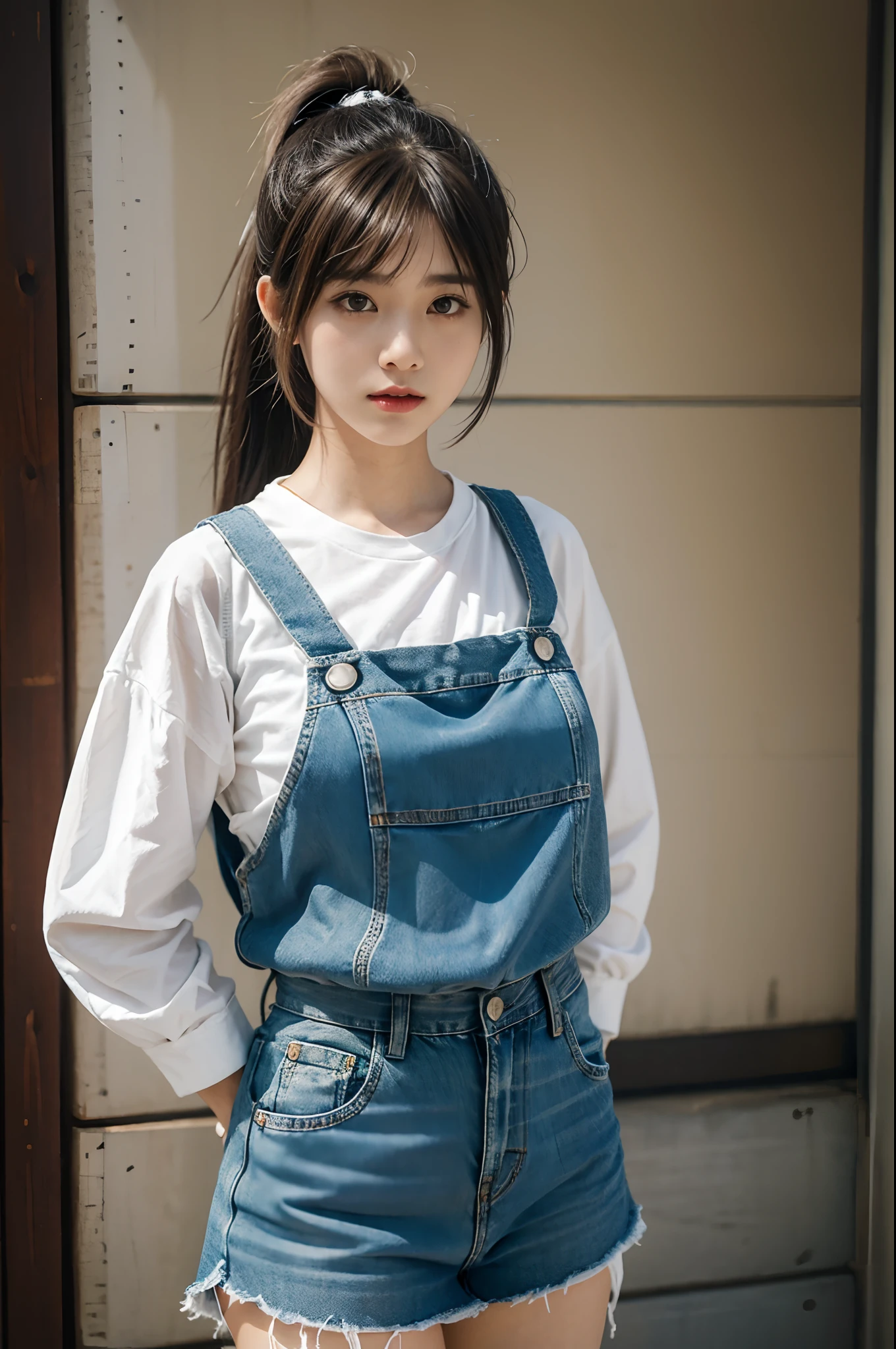 1girl, single ponytail, dragon beard bangs, middle eight-character bangs, one side bangs long, white suspenders, denim skirt