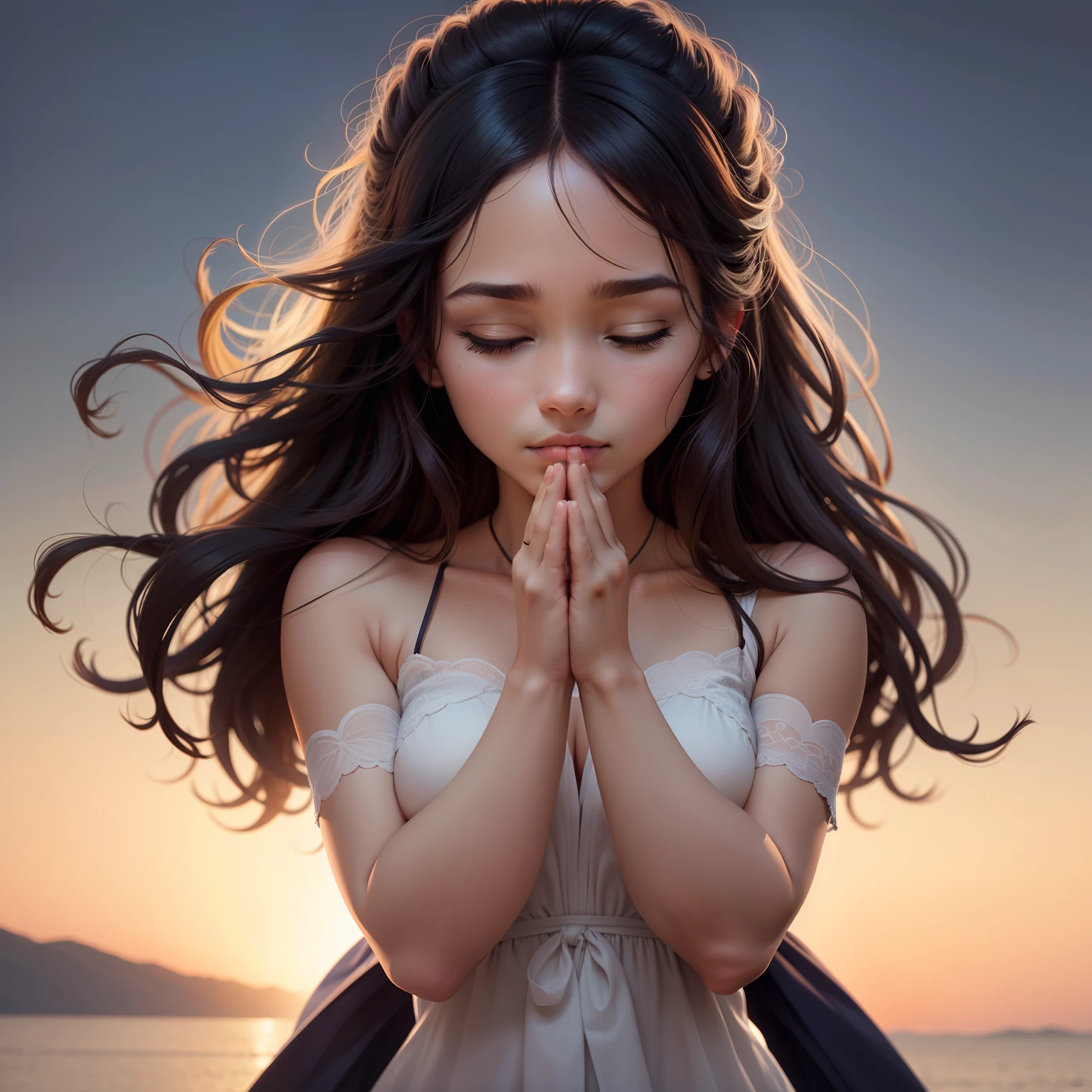 Desenhe uma imagem de uma pessoa em uma pose serena, with eyes closed and hands joined in a gesture of prayer. Convey a sense of tranquility and spirituality through the person's posture and facial expression