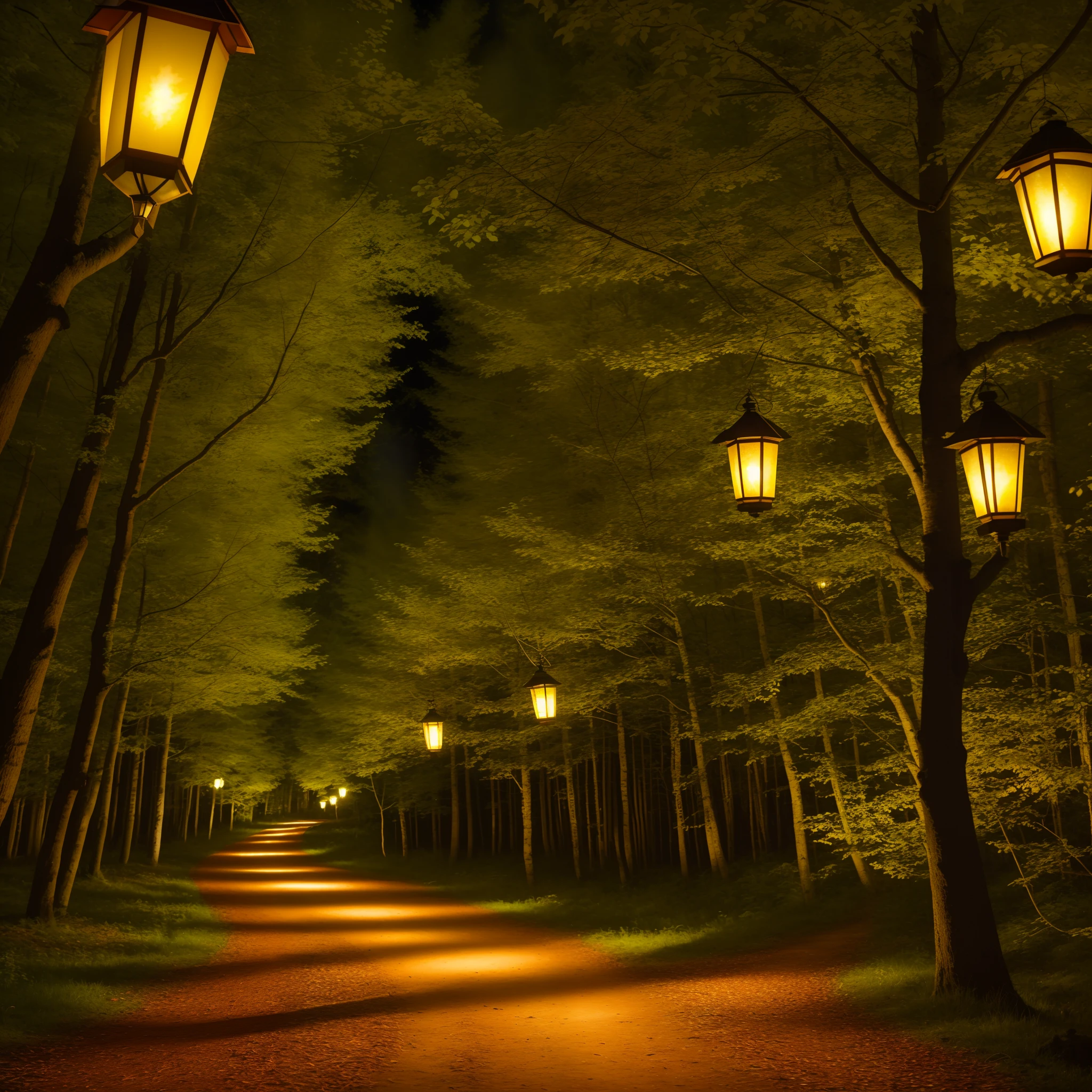 Ultra HD 8K, super-detailed, beautiful lighting, , A photo of the Enchanted Forest,Colorful lanterns light up the path through the forest
