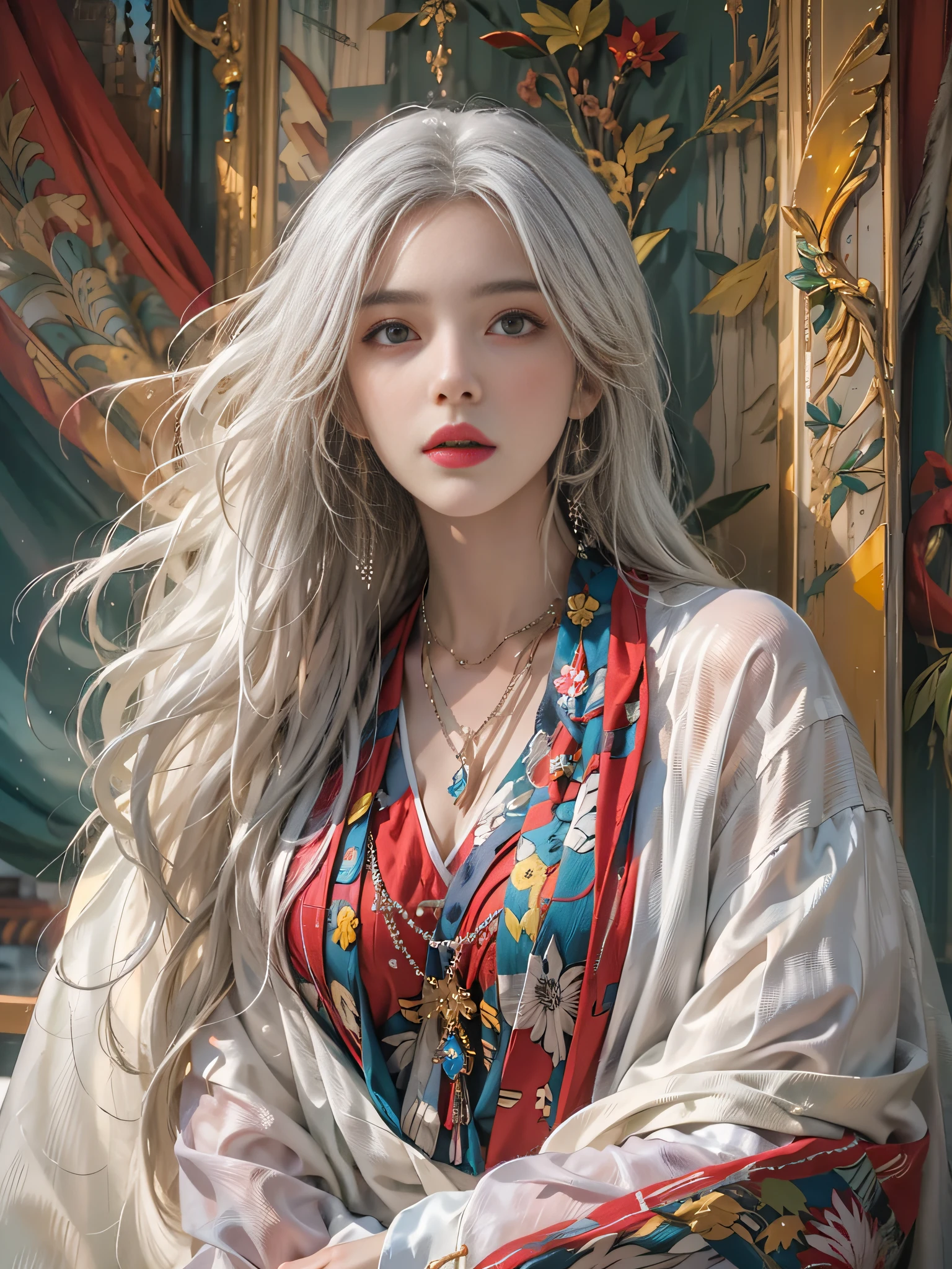 Photorealistic, high resolution, 1womanl, Solo, Hips up, view the viewer, (Detailed face), White hair, Long hair, Colorful robes,Oversized clothes, midjourney portrait, jewelry