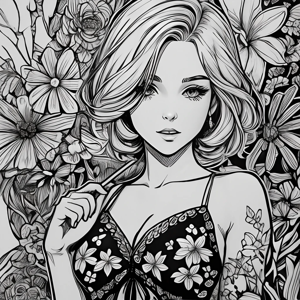Black and white stick figure 1 girl with frangipani flower in background, loli in dress with flowers, its fine ink line art, comic style, portrait of ploynesian girl, Marilyn Munroe, Hollywood glam, beautiful line art, black and white comic style, manga style, manga art style, pencil and ink caricature drawing, black and white coloring --auto --s2