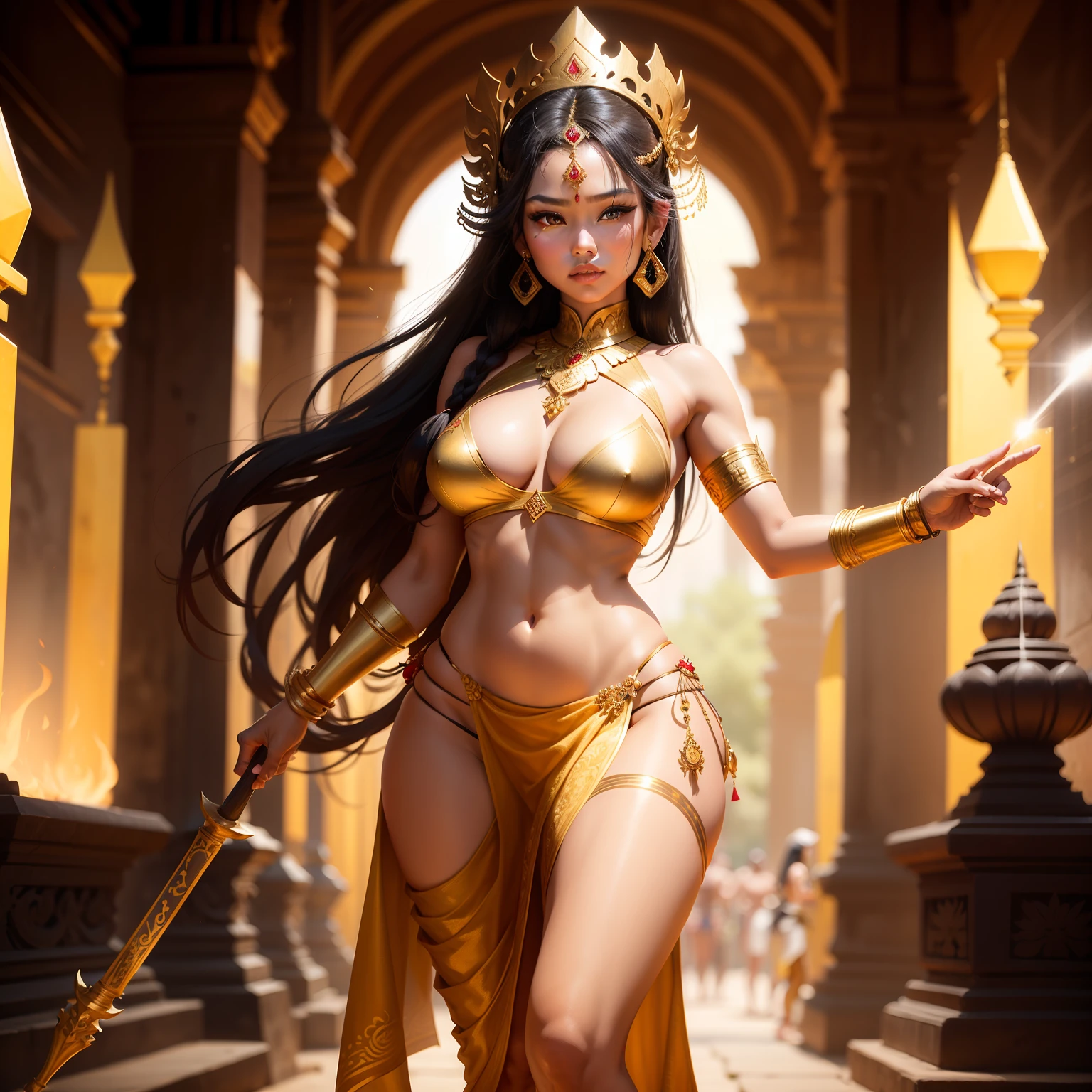 Female Khmer warrior, long black hair, dark brown tanned, Armour on, bangles, Angkor temple, full body, holding weapon, sexy tied hair up, crowd on the head, wearing jewelry, Sak yant tattoos on the arm, curvy body, wear white, red and gold sarong outfits, dark skinned, cute face, big lips, Diamond shape faces, wide nice nose, defined features on the face, apsara jewelry on, gold leaves jewelry, fighting at war