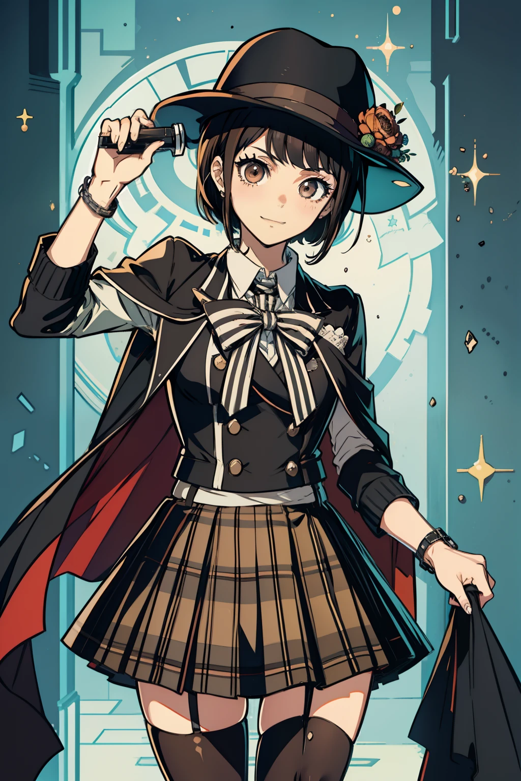 femele，16 yaers old，Short brown striped skirt，Detective Hat，Brown-black checked cape，ssmile，Handheld magnifying glass，with short black hair，Japanese anime，adolable，danganronpa，quadratic element，perky-，Suspicious