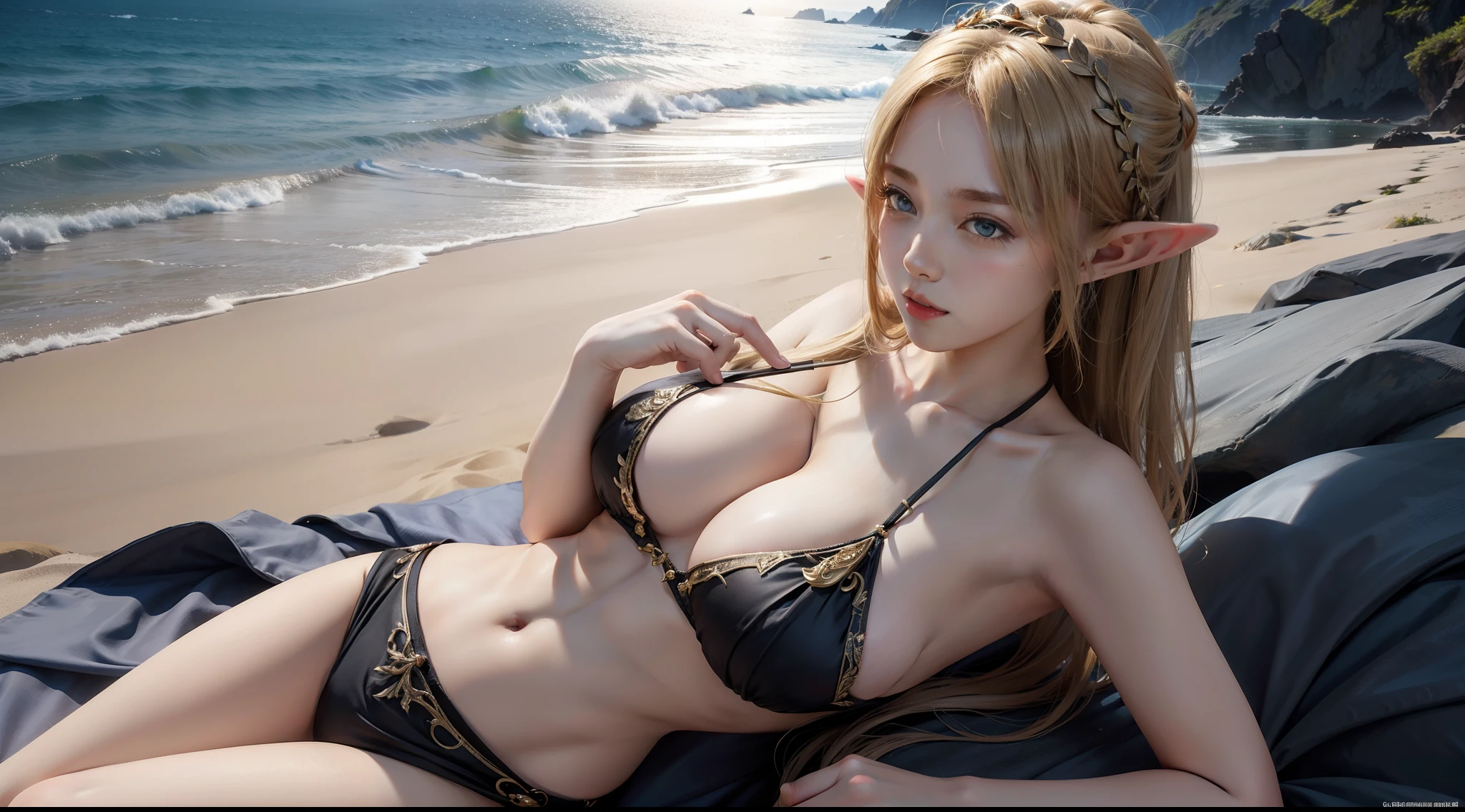 Female elf,Large breasts,upperbody shots,dramatics,dynamicposes,比基尼,The background is sandy beach,Rembrandt light