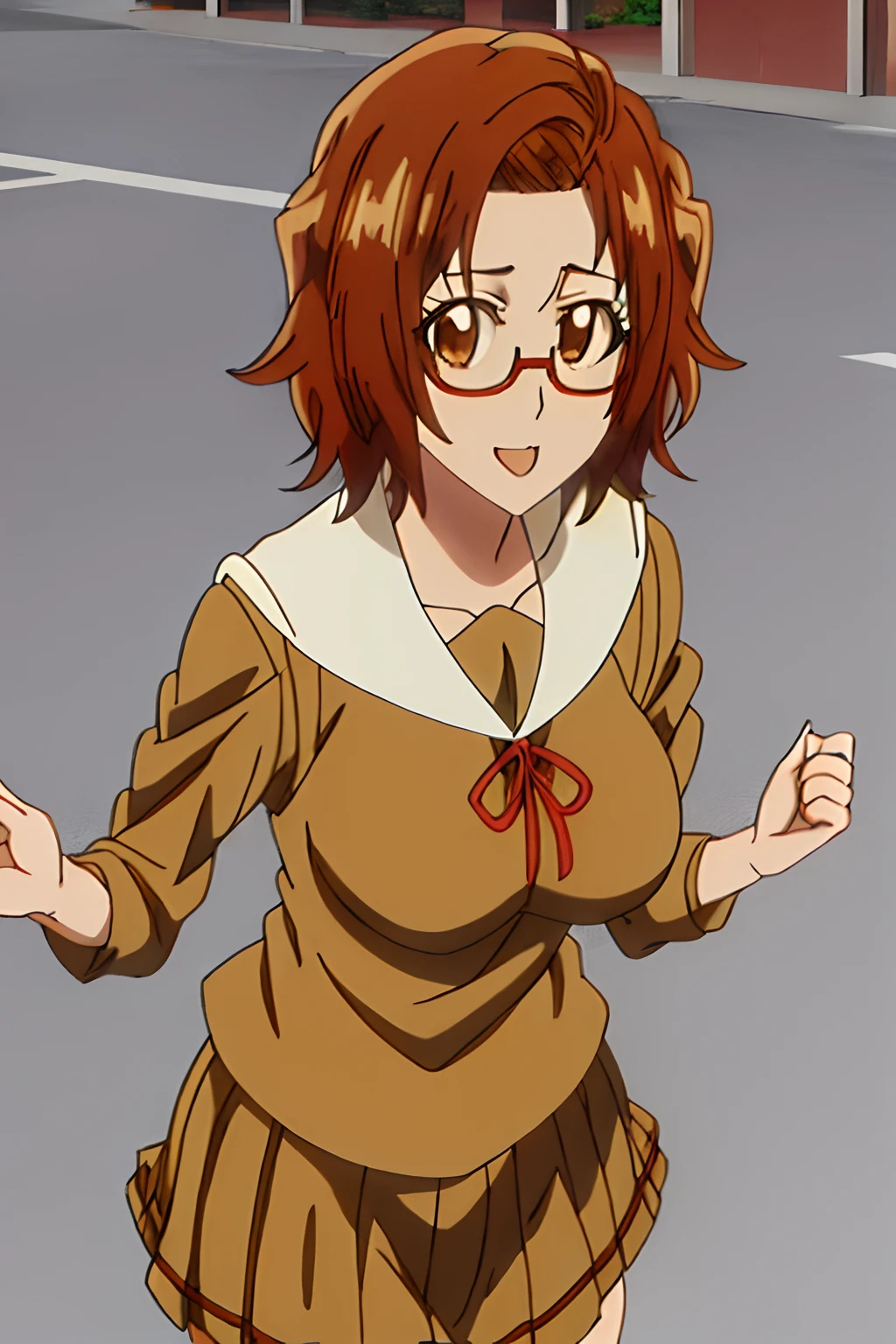 1girl, solo, short hair, skirt, brown hair, brown eyes, pleated brown skirt, brown serafuku, socks, kneehighs, city, evening, stars, open mouth, standing, medium breasts, smile, ( anime screencap:1.1),outdoors, (masterpiece:1.2, best quality), (((glasses))), ((rim-less eyewear)), secretary uniform, short hair, (((mature female))), tall, beautiful, sexy, medium breast, milf, (eyewear:0.9)