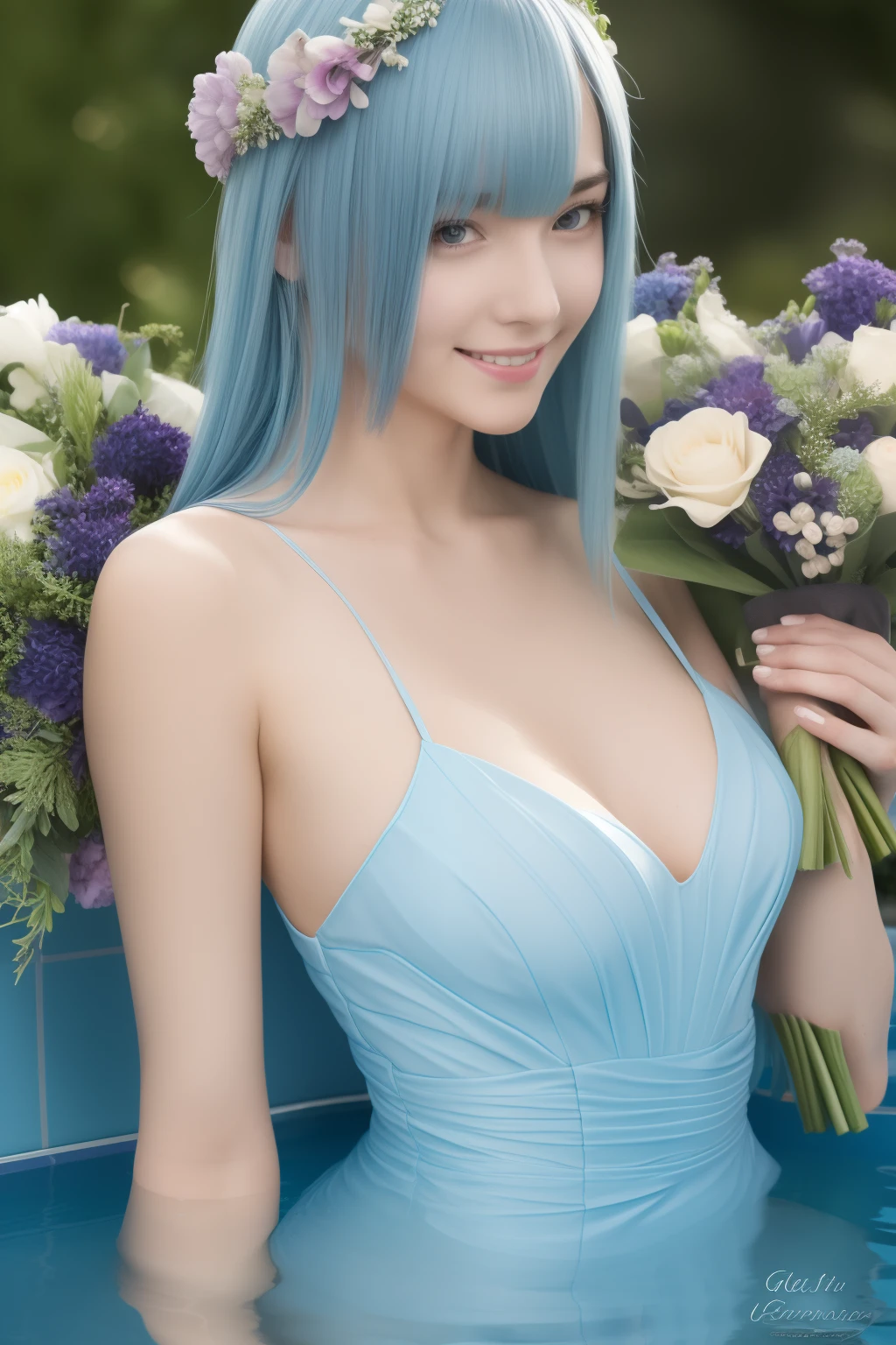 (master piece) brynhildr lancer fgo dive in water,20-year old,gentle smile,pure,happy,affectionately gaze,laurel wreath,bride dress,shyly pose, pretty round face,tall,very skinny,slender,light blue hair, cross-cut bangs strongly leans to the right,detailed hair,hugged a bouquet