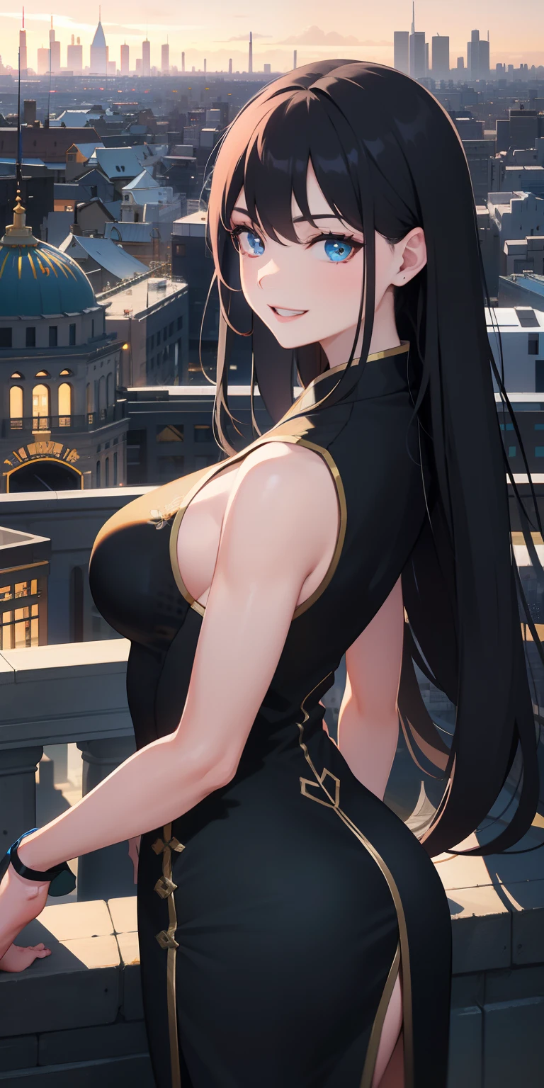 masterpiece, best quality, highres, aayorf, sidelocks, gold hairband, hair ornament, red eyes, gold earring, large breasts, choker, bare shoulders, black dress, two-sided dress, fingerless gloves, thigh boots, cowboy shot, standing, field, from side,