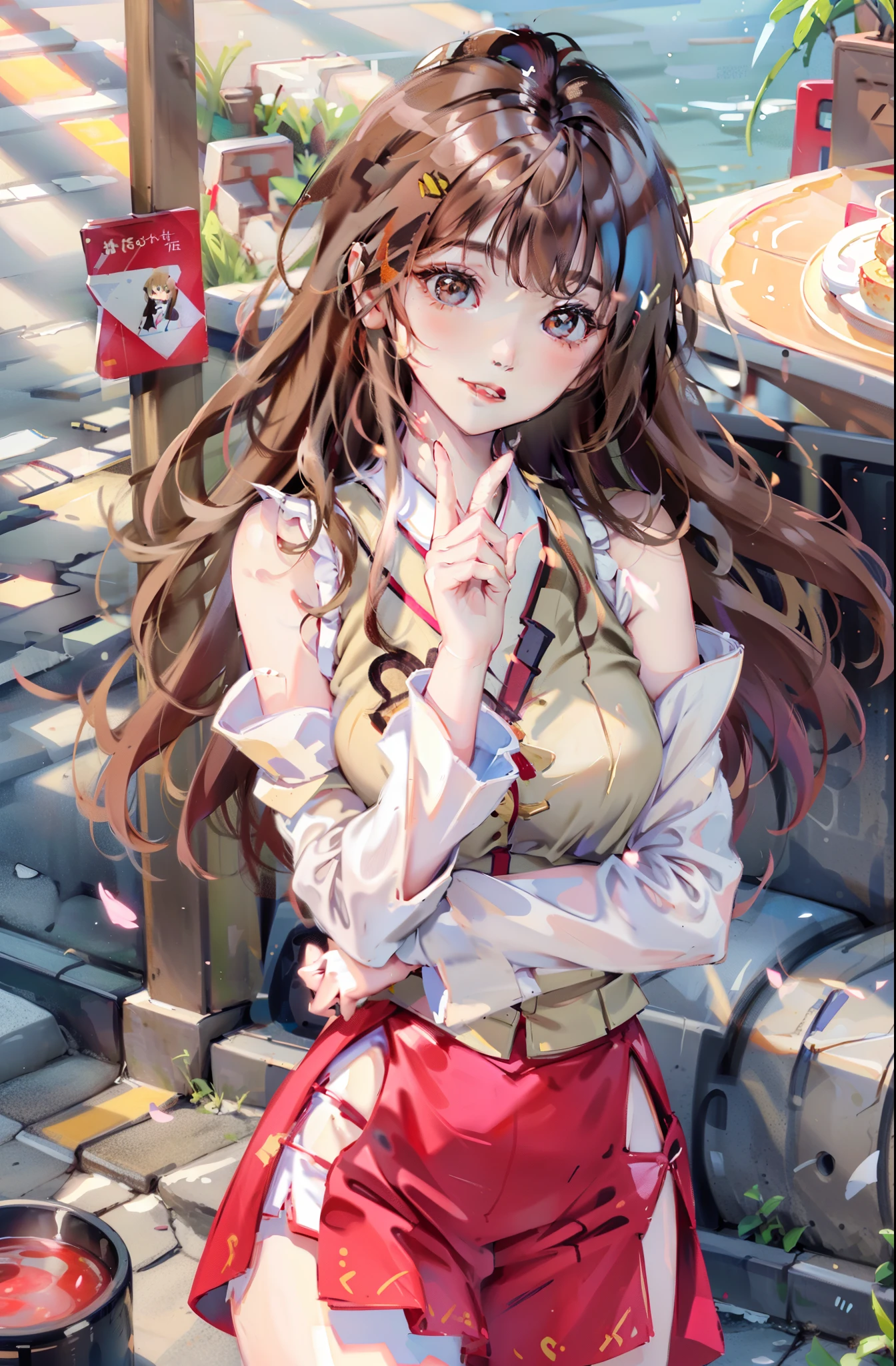 A beautiful girl,Very happy,RAW photos,8K,HighestQuali, 超高分辨率,Beautiful face details,Real human skin,up front view,long whitr hair,realisticlying,realisticlying,adolable,Upper body sunshine child,Smile at me,Brown hair long,Slightly yellowish,Hair is loose and flowing,Wear a pink T-shirt,Cute