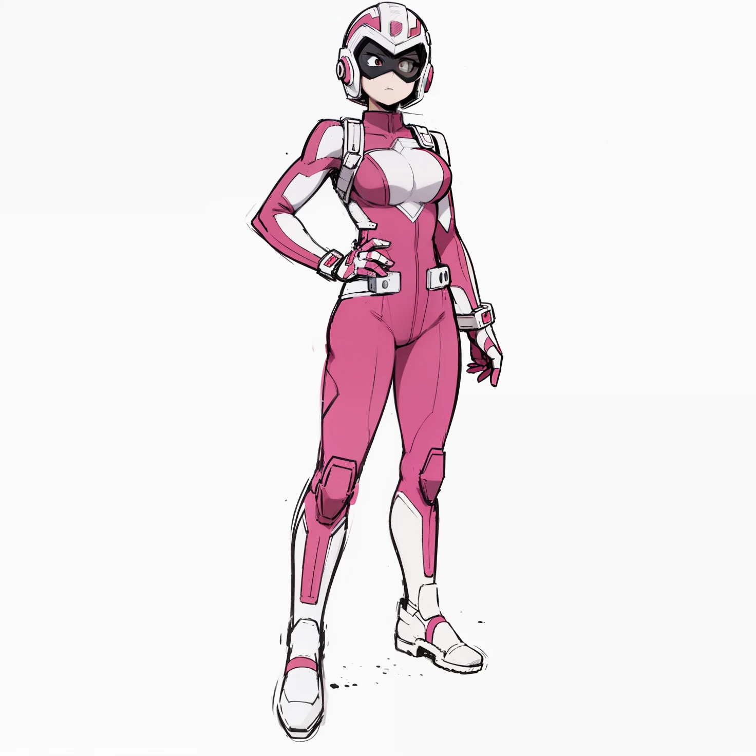 My Hero Academia style, anime Girl, female, trending on artstation pixiv, (full body shot:0.5), wide thighs, wide hips, large breast, head covering, helmet, face covering, mask, hero suit, full body suit, pink suit with white lines and details, Perfect anatomy, Super Detailed,