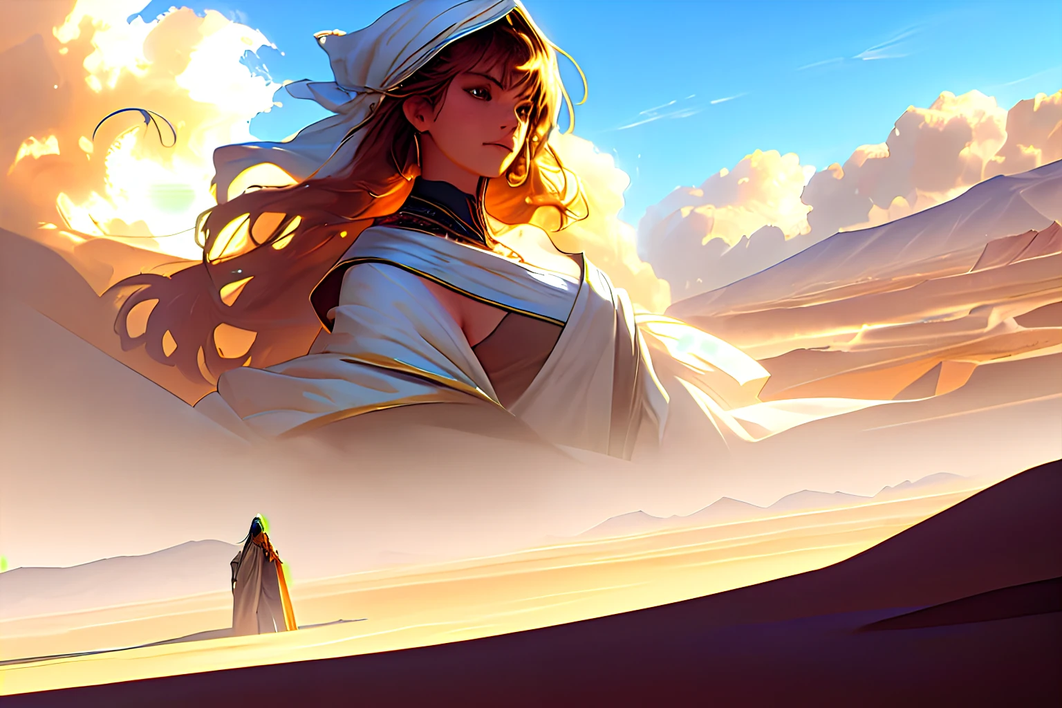 RAW photo, best quality, realistic, photo-realistic, illustration, best quality, masterpiece, an extremely delicate and beautiful, extremely detailed ,CG ,unity, 2k wallpaper, amazing, finely detail, masterpiece, light smile, best quality, extremely detailed CG unity 8k wallpaper, ultra-detailed, highres, extremely detailed, very serious look, concept art, fantasy, long hair, (cinematic angle:1.2), depth of field, blue sky, daytime, majestic clouds, bedhead hair, 23 years old, off-shoulder costume, gallant woman, dynamic angle, stone dry, canyon, traveller, wasteland, Desert, cloak, turban, robe, walking, (sandstorm), face focus, character focus