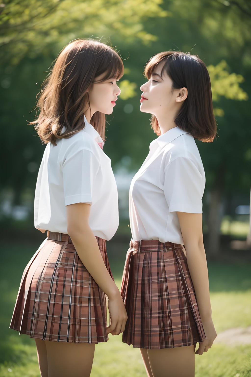 NSFW, 8K Raw photograph, Best quality, Masterpiece, 超高分辨率, filmgrain, filmg, (((Two girls,duo))), view the viewer, Natural skin texture, Realistic eye and face details, full pouty lips, lipstick, (Makeup), Red eyeshadow, Fluffy short hair, Messy hair, Smile, closing the mouth, Beautiful legs, Tall female, Skinny, Slim_Legs, duo, Pose with your hips facing you, Superskirt, hindquarters, shirt, Beautiful natural location, Location around the flowers, (Detailed background), Plaid skirts, shirt, Huge breasts peeking out a little through the shirt, Loafer shoes, The background is blurred out, Blurry, Holding, tartan, Short sleeves, JK ribbon on neck, JK ribbon, Brown hair, Bracelet, water, bangs, school uniform, jewelry, parted lip, Lips, From the side Side, Pleated skirt, Depth of field