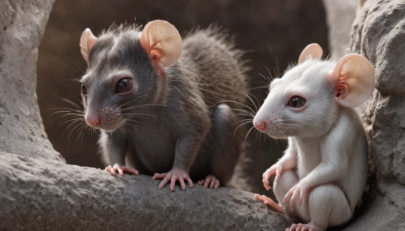 A detail of two characters from a children's storybook. The rats are hidden under the earth, One rat is digging into the wall while the other is sitting, Magic, magenta, respingos de magia negra, Escuro, lo gothic, queimadura de fogo, smoke billowing, ocean wave, Colouring , design de camisetas, Not Studio Ghibli style, tetradic pastels, arte vetorial 3D, bonito e peculiar, Arte de Fantasia, efeito aquarela, Bokeh, Adobe Illustrator, hand-drawn, Pintura digital, baixo-poli, soft lighting, scenic view, isometric style, retro aesthetics, character-centered, 4k resolution, photorealistic render, usando o Cinema 4D.