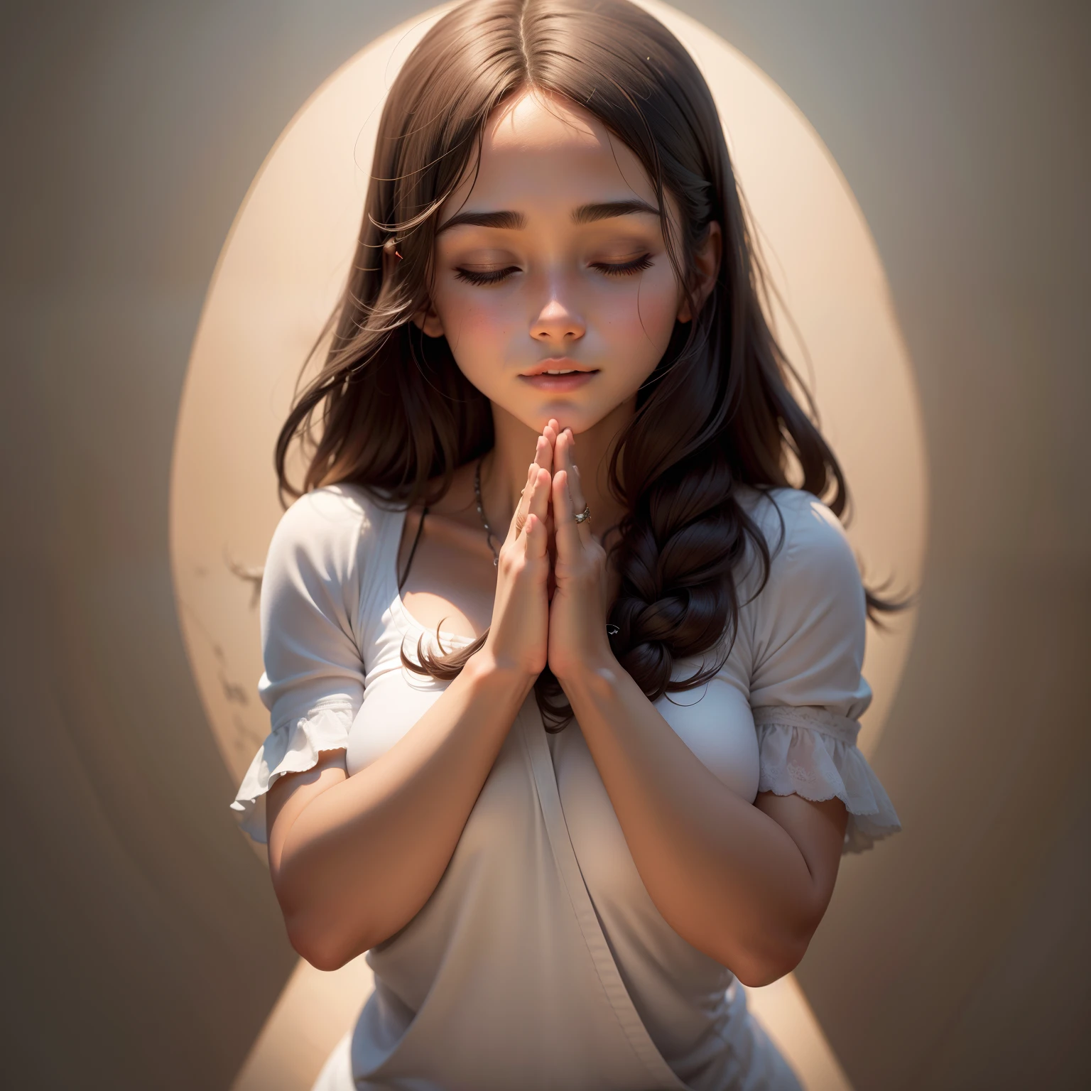 Desenhe uma imagem de uma pessoa em uma pose serena, with eyes closed and hands joined in a gesture of prayer. Convey a sense of tranquility and spirituality through the person's posture and facial expression
