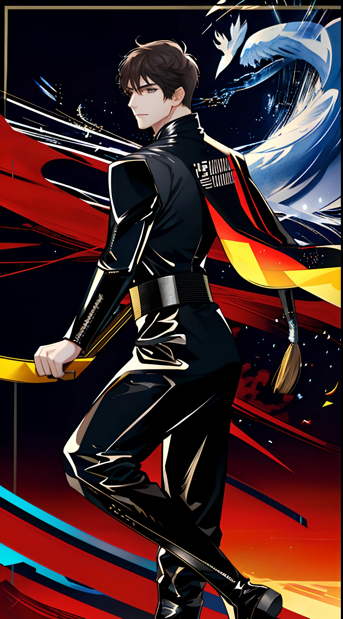 mirai,sense of science and technology,future warrior,Male characters show their faces,latex suit,musculous,Full body photo,Sexy tights,Wear latex clothing all over,Shiny latex coat,Long boots
