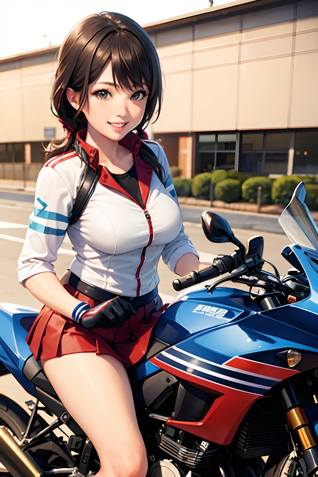 Japan schoolgirl riding motorcycle,Happy!!!, , motor cycle,[ photos realistic ]!!, hight resolution,