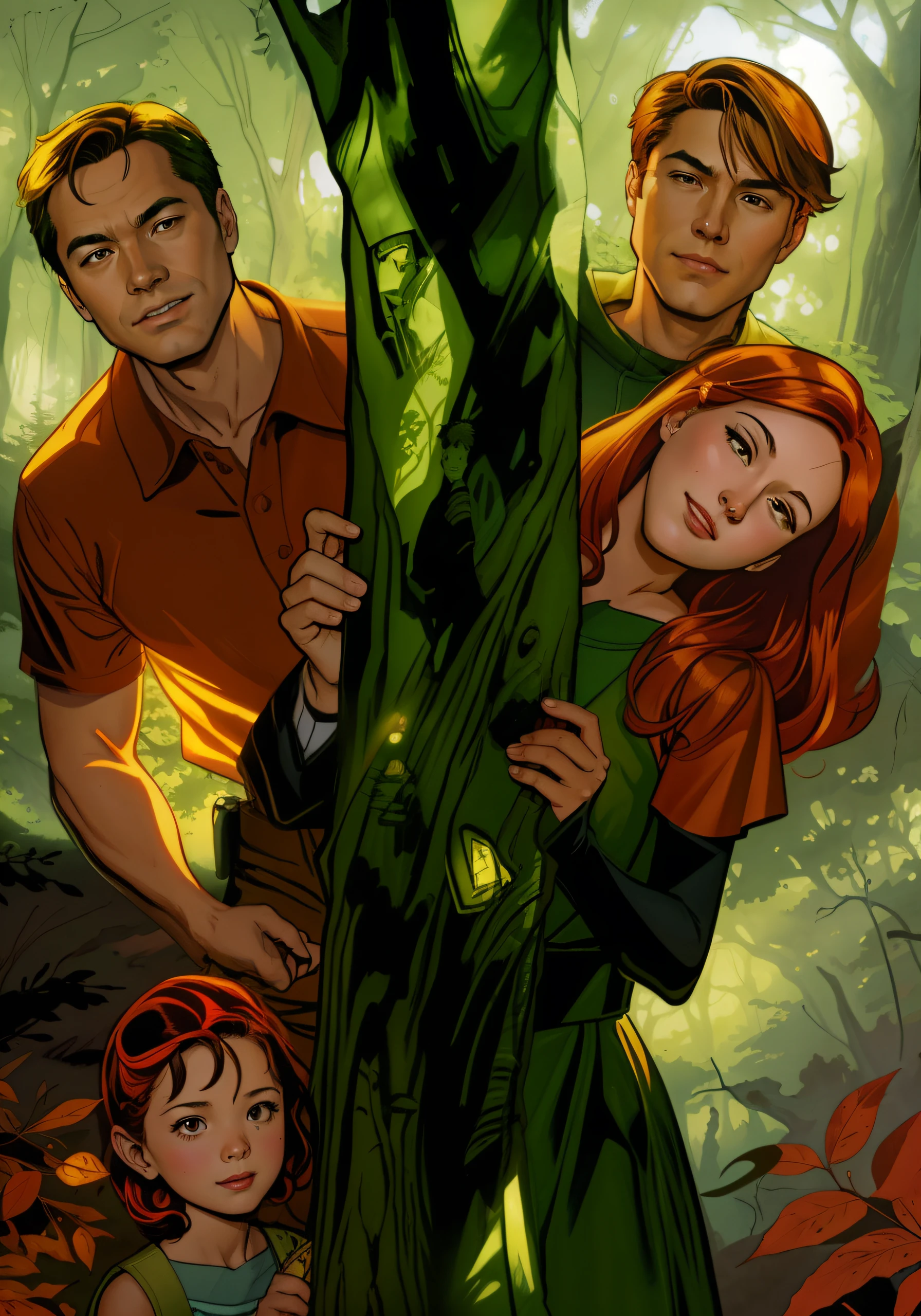 A caricature of a family, standing in the woods with a tree, Graphic novel cover, Cover of the comic book by Phil Noto, comic cover, Martin Ansin, Cliff Chang, comic cover, comic cover, full color illustration, promotional art, comics, textless, Mark Schultz, comic cover painting, David Palumbo, Craig Thompson