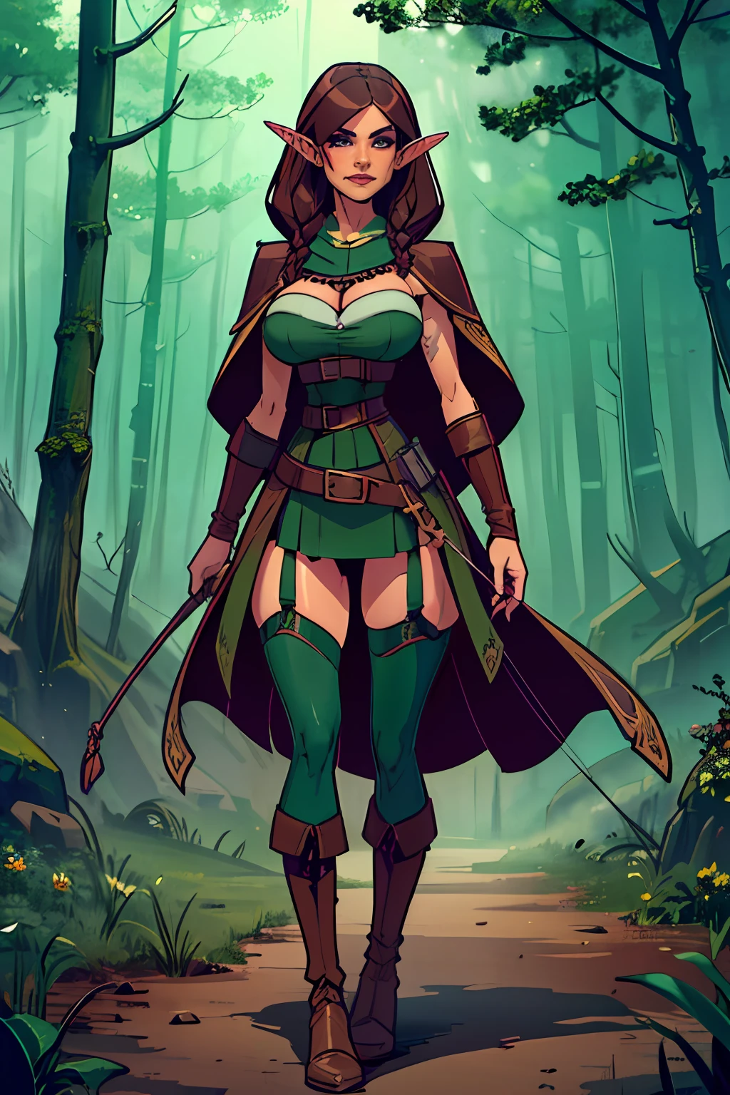 (masterpiece, top quality, best quality, official art, beautiful and aesthetic:1.2), (1girl:1.3), dark brown hair in a single braid, extremely detailed, portrait, looking at viewer, solo, (full body:0.6), detailed background, close up, cat eyes, (warm summer forest theme:1.1), elf ranger, charlatan, smirk, mysterious, walking in forest, revealing ranger attire, brown leather, cowl, cloak, corset, long boots, buckles, straps, pouches, bow and arrow, green fabric, brown leather, gigantic breasts, slim waist, slim hips, long legs, medieval (forest exterior:1.1) background, dark mysterious lighting, shadows, magical atmosphere, dutch angle, (((balsamique)))