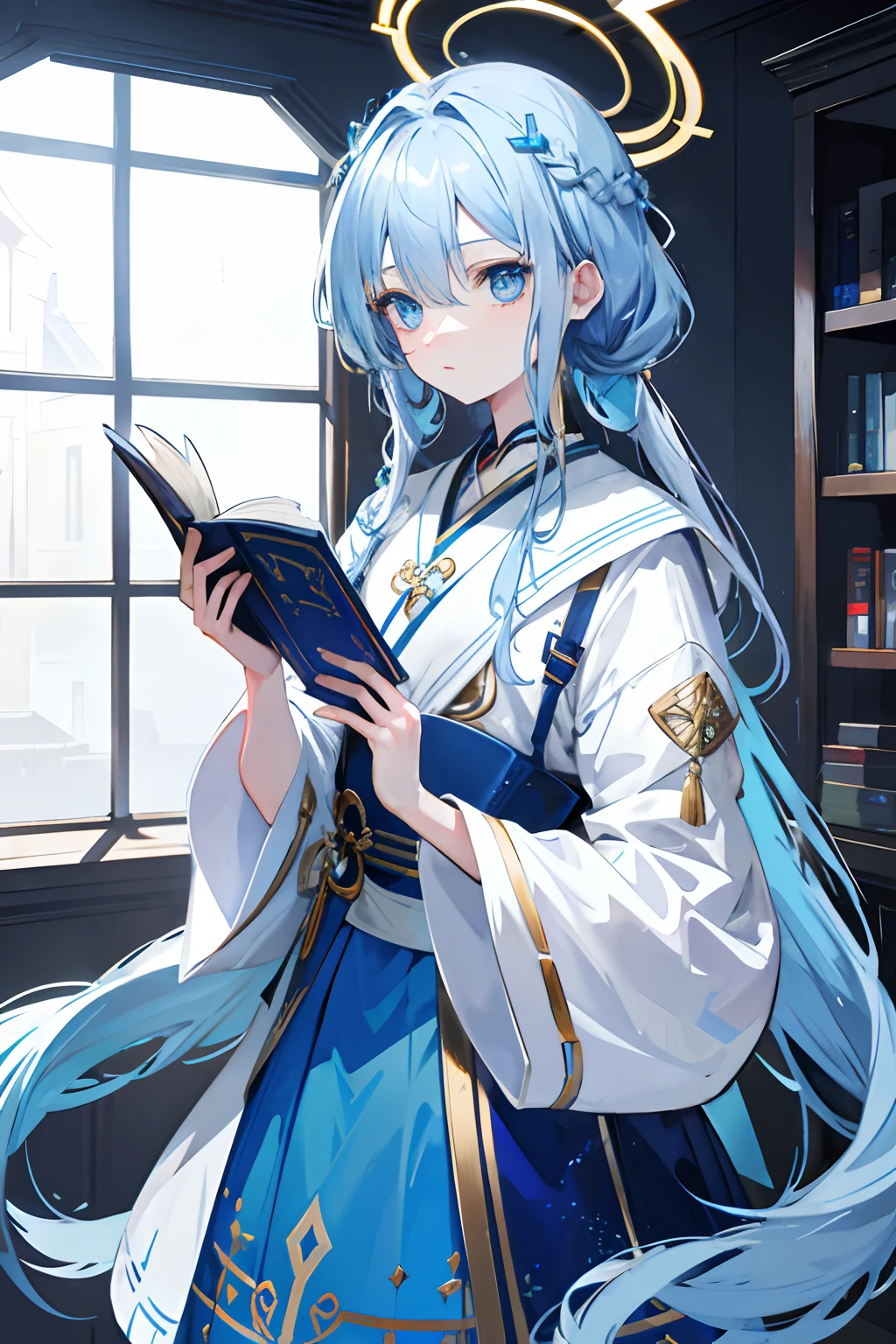 Blue braids，blue color eyes，with a halo on his head，Kamimei，Hold a book in hand