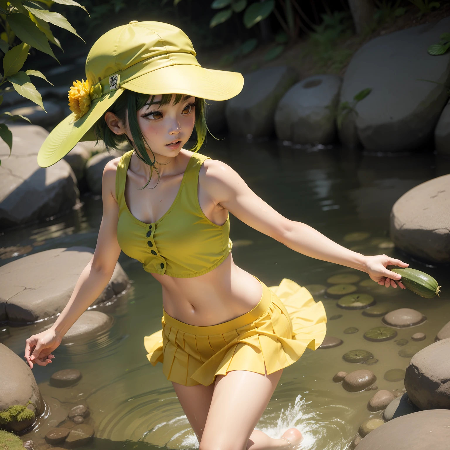 Kappa(youkai)Woman Enjoying Playing(Dishy hat、Sleeveless yellow-green clothes、a miniskirt、)、、Playing in the river、Bare legged、Give long cucumbers