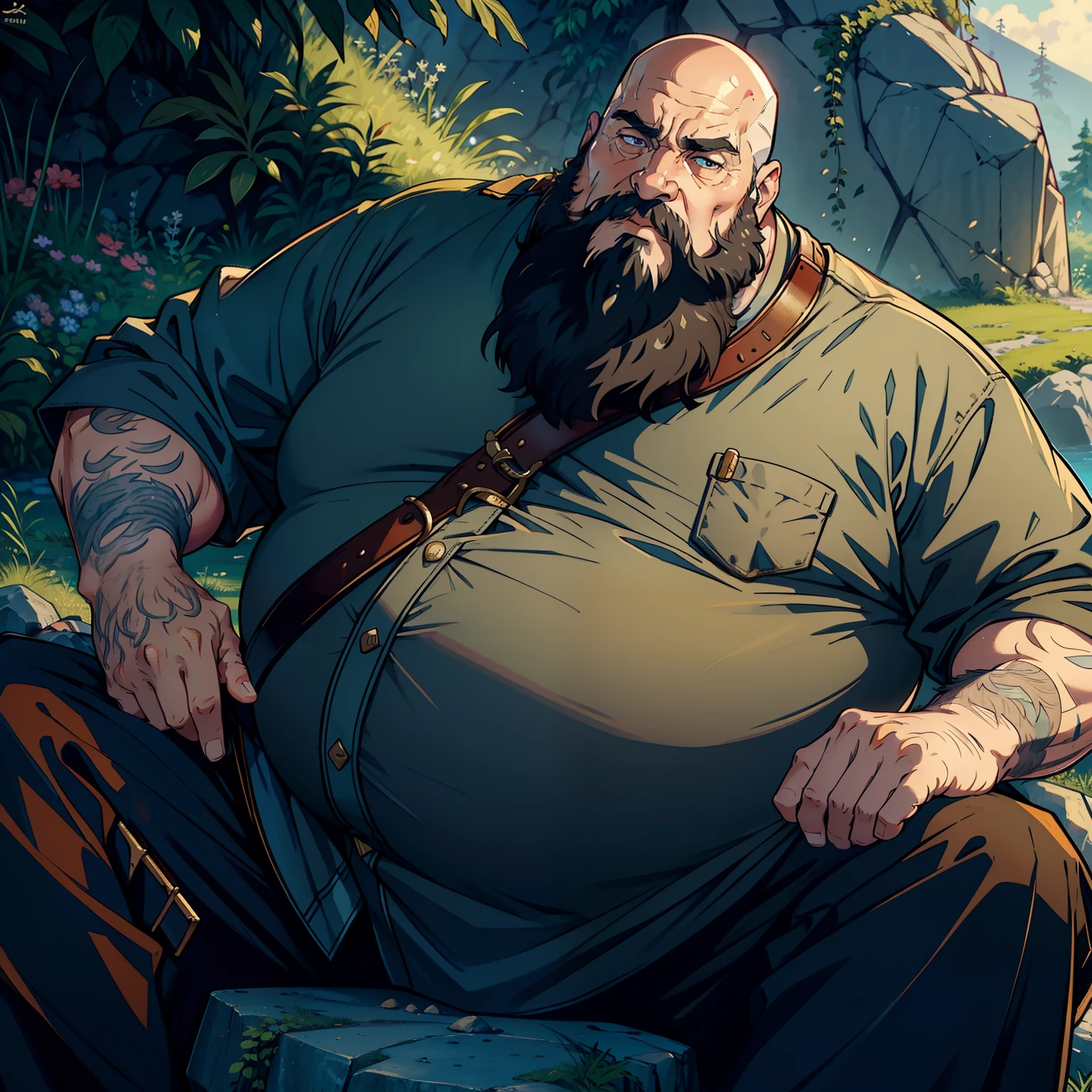 ((Realistic: 1.5)),((Best quality)), ((Masterpiece)),((Detailed)), Man, Obese, Bald, big beard, The king's clothes, Right hand sickle, is sitting on a rock