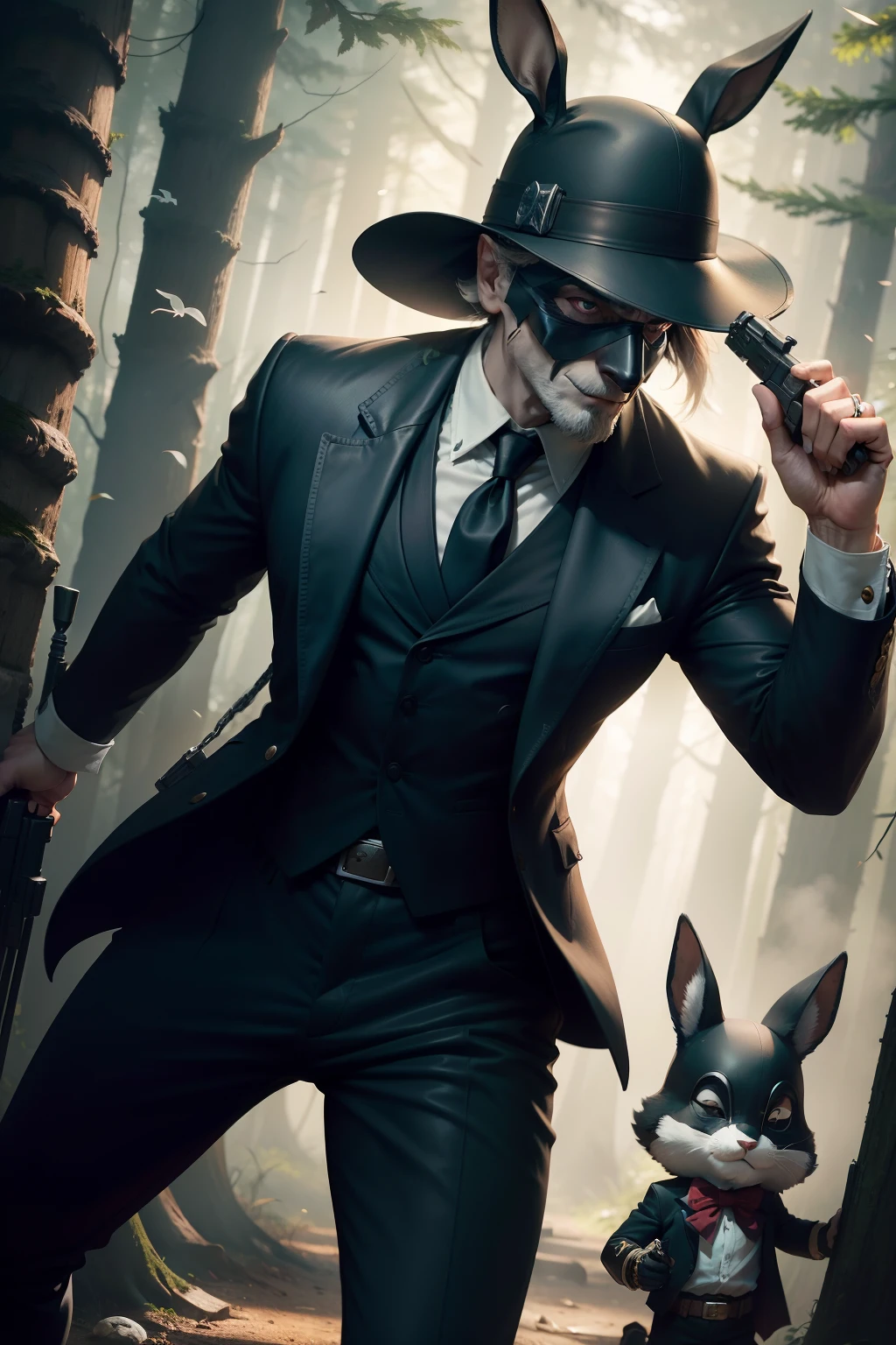 A very dynamic scene in the forest. The White Rabbit is a bandit. On the eyes of a black mask. The ears are pressed to the head. He stands with a determined look and shoots a revolver in his hand. Old worn-out gangster clothes. a closeup of a. many details. Disney cartoon style. super realistic. Cinematic. Blurred cinematic background. Light haze.
