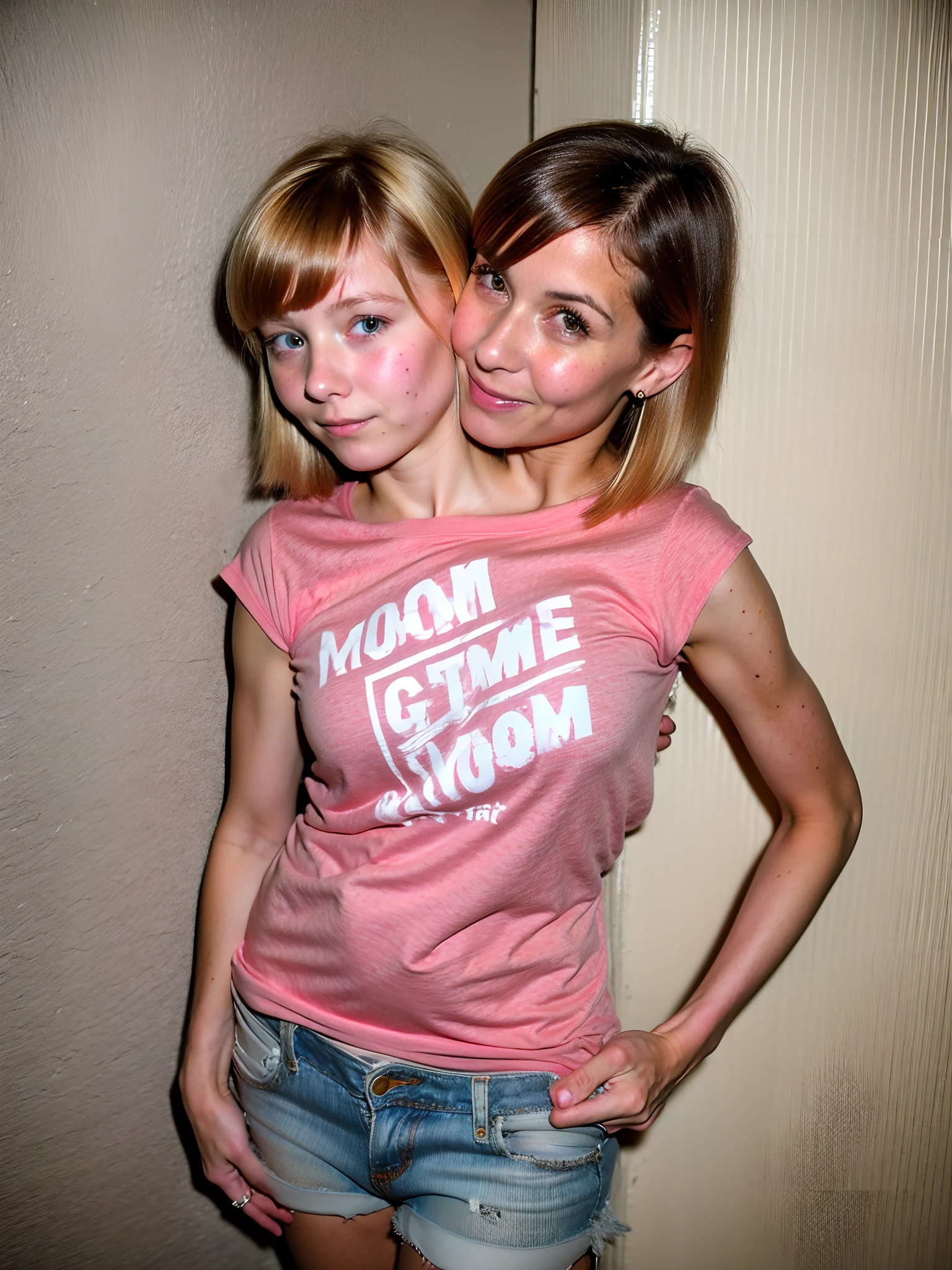 2heads, two headed girl, (mom and child daughter:1.5), (female:1.5), (blonde:1.5), (different ages:1.5), conjoined twins, heads side by side, one torso, young, uncomfortable, barefoot