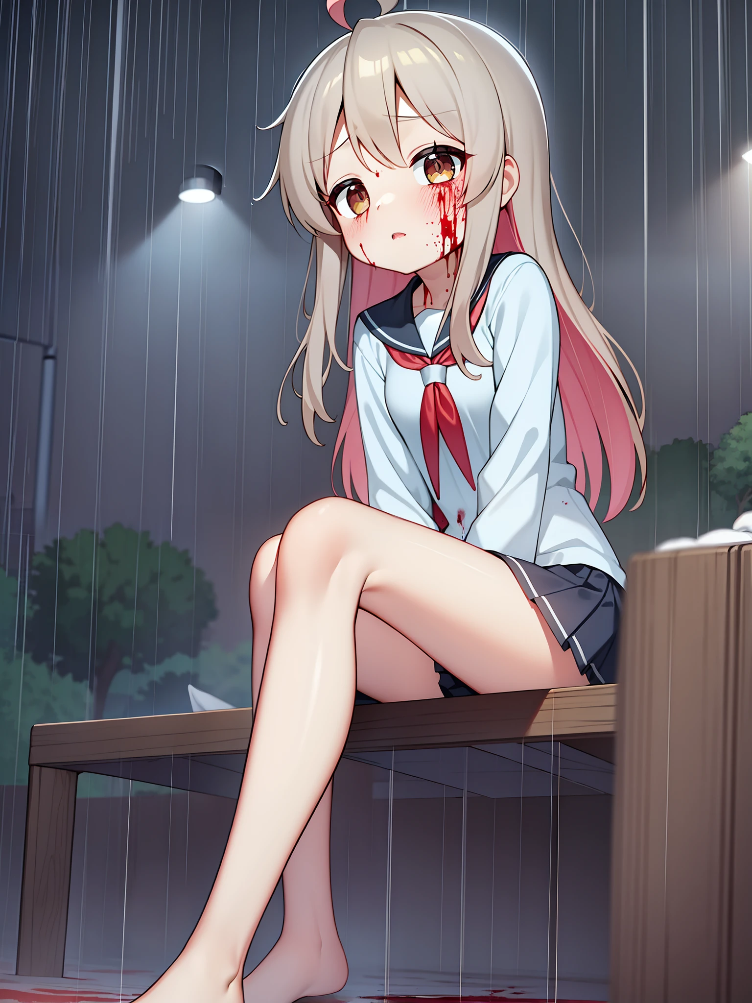 masterpiece,best quality,official art,extremely detailed CG unity 8k wallpaper, huge_filesize, , loliown eyes, small breasts, school uniform, bare_legs, bare legs, no legwear, oyamamahiro,pink hair,(rain),(in the rain),(blood on face),plateau,blood on face,blood on face,blood on face