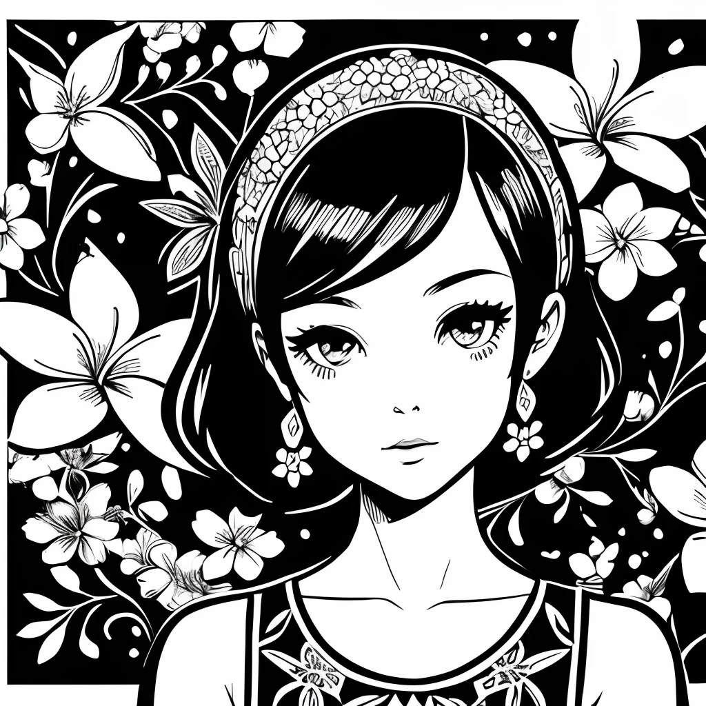 Black and white stick figure 1 girl with frangipani flower in background, in dress with flowers, its fine ink line art, comic style, portrait of ploynesian girl, Marilyn Munroe, Hollywood glam, beautiful line art, black and white comic style, manga style, manga art style, pencil and ink caricature drawing, black and white coloring