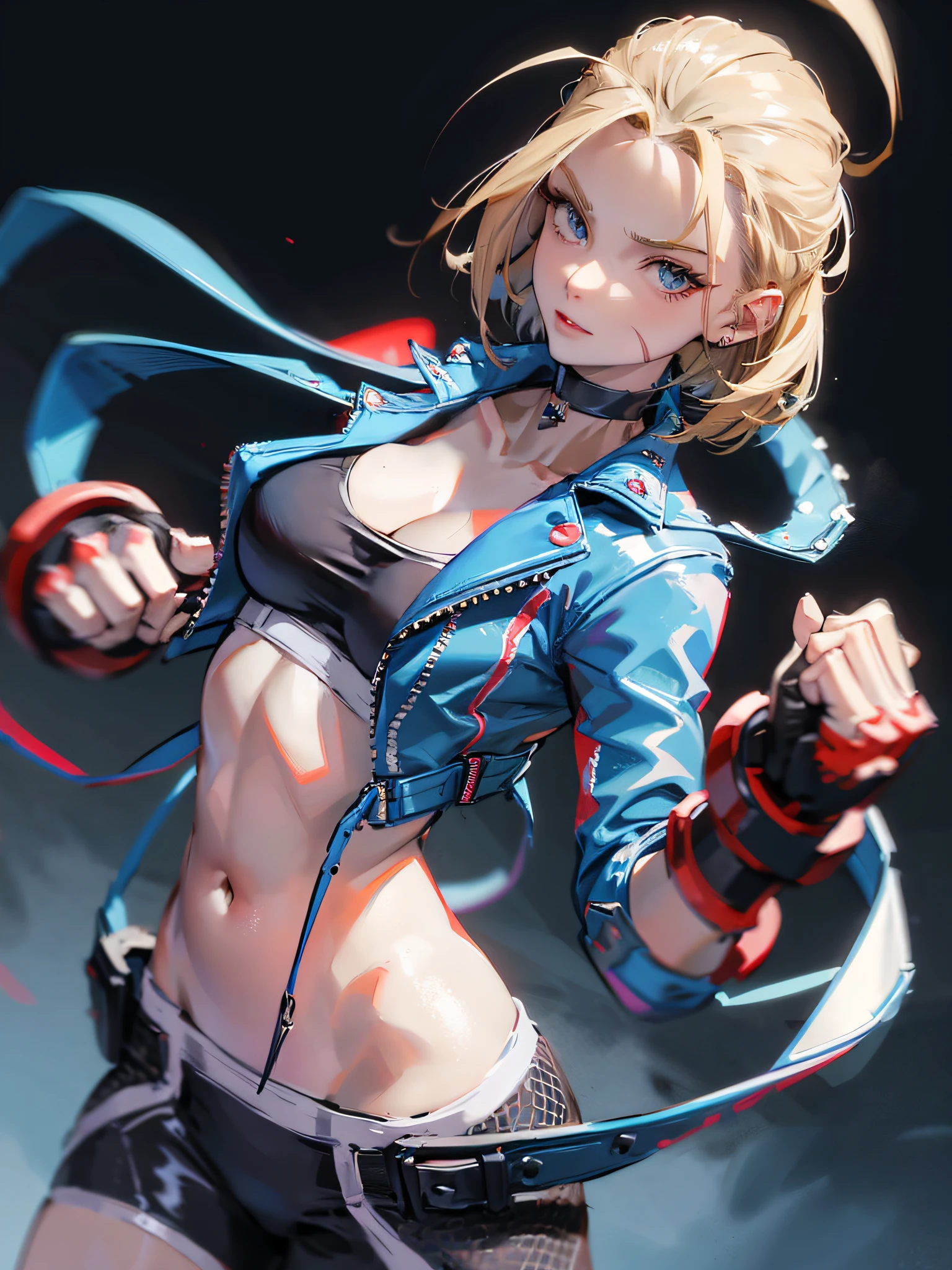 cammy white, short hair, antenna hair, blue eyes, scar on cheek, large breasts, black choker, collarbone, blue jacket, cropped jacket, open jacket, sports bra, midriff, fingerless gloves, black gloves, light smile, closed fist, simple background, sexy, cleavage, pose focus on butt, focus on waist,