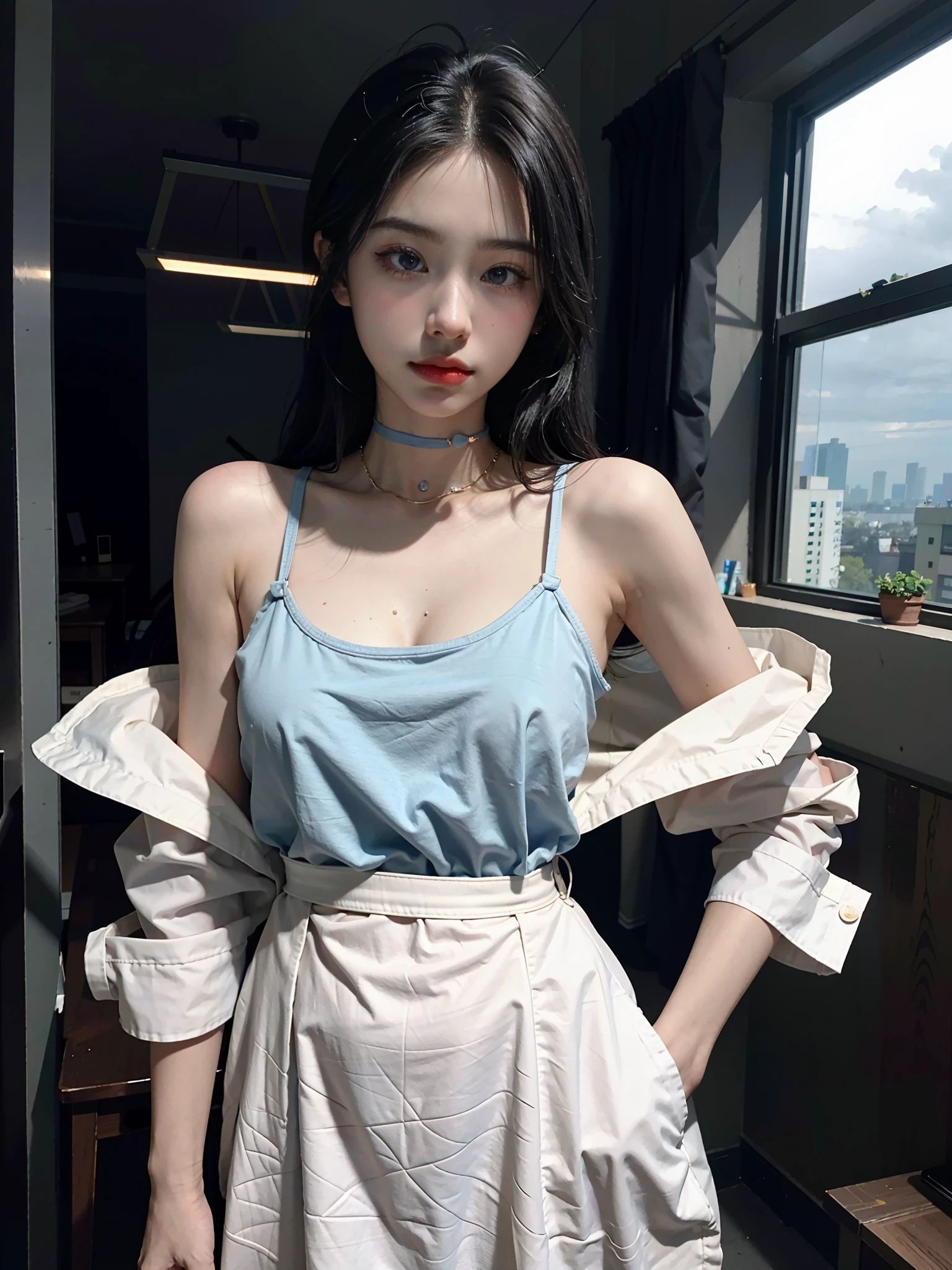 1girll,the snapshot aesthetic,cleanness/translucent medium,y2k aesthetic,(Dramatic lighting:1.4),Sharp focus,volume fog,8K UHD,high high quality,blue and orange tone impression,choker necklace,buzz cut,Wearing a doctor's white coat,in hospital,In the office,tmasterpiece,Ultra photo realsisim,32K,the Extremely Detailed CG Unity 8K Wallpapers,best qualtiy,Straight black hair that is shoulder-length and short,Shoulder to shoulder apart,Small chest,flatchest,Slim,emaciated