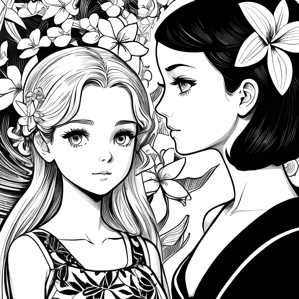 Black and white stick figure 1 girl with frangipani flower in background, loli in dress with flowers, its fine ink line art, comic style, portrait of ploynesian girl, Marilyn Munroe, Hollywood glam, beautiful line art, black and white comic style, manga style, manga art style, pencil and ink caricature drawing, black and white coloring