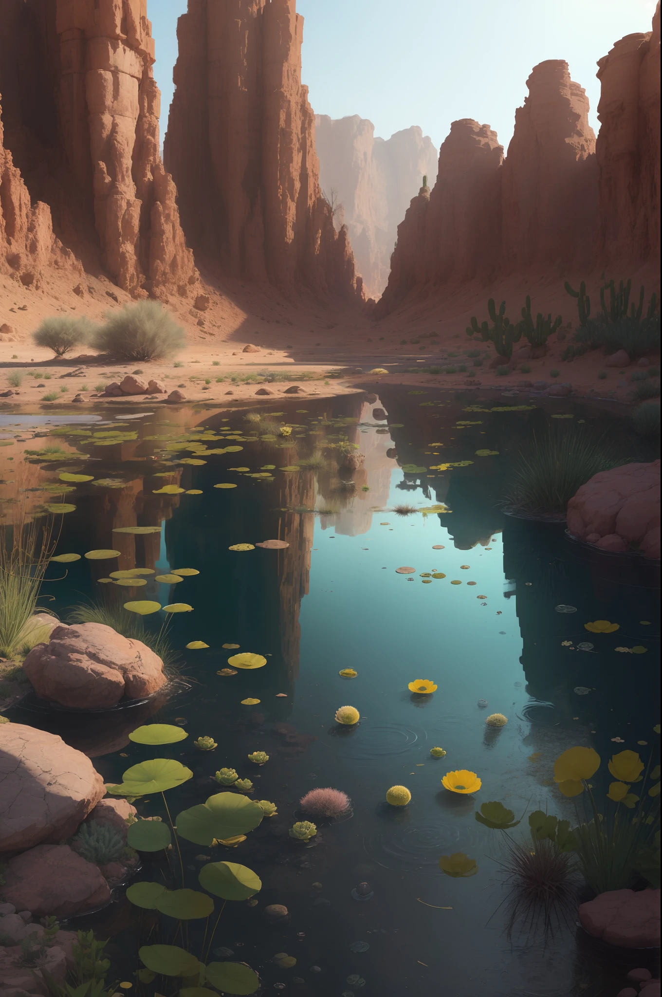 I'm in the middle of a vast desert，An oasis appeared in front of him。This oasis is a small ecosystem covered by cacti and other desert plants。On the edge of an oasis，There is a clear spring，The spring is surrounded by reeds and water lilies。
I approached the spring，Feel the fresh smell of aquatic plants。Over here，Cacti and desert plants interact with spring water，A unique and beautiful ecosystem is formed。
I was amazed by the sight，Enjoy the peace and quiet。