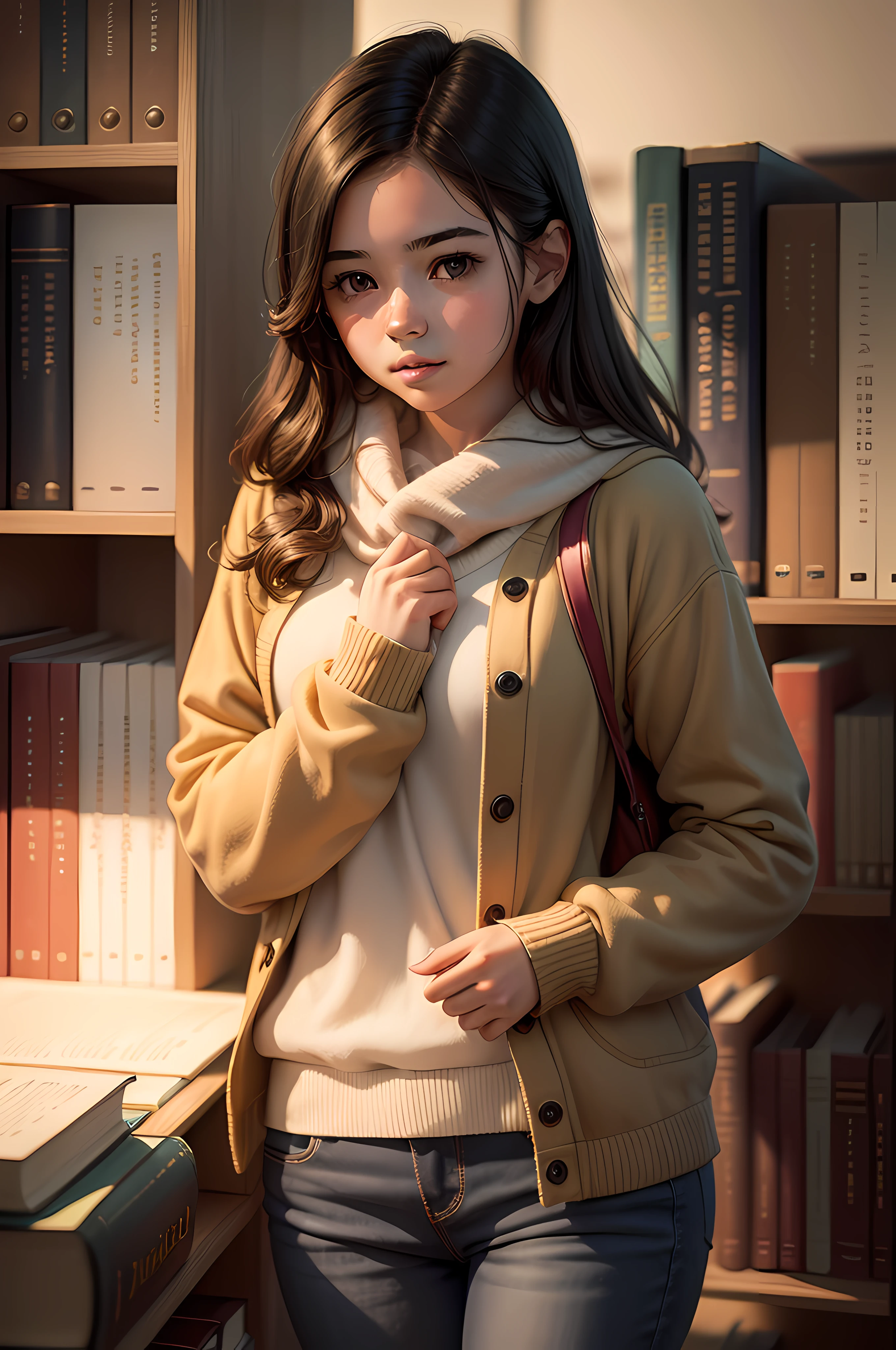 Una joven estudiante, revisa libros en una biblioteca. In warm tones.