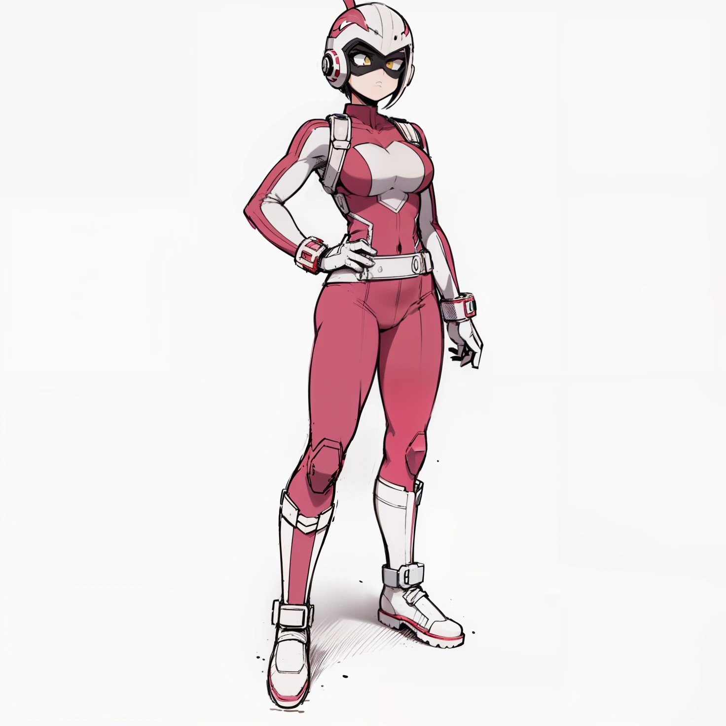 My Hero Academia style, anime Girl, female, trending on artstation pixiv, (full body shot:0.5), wide thighs, wide hips, large breast, head covering, helmet, face covering, mask, hero suit, full body suit, pink suit with white lines and details, Perfect anatomy, Super Detailed,