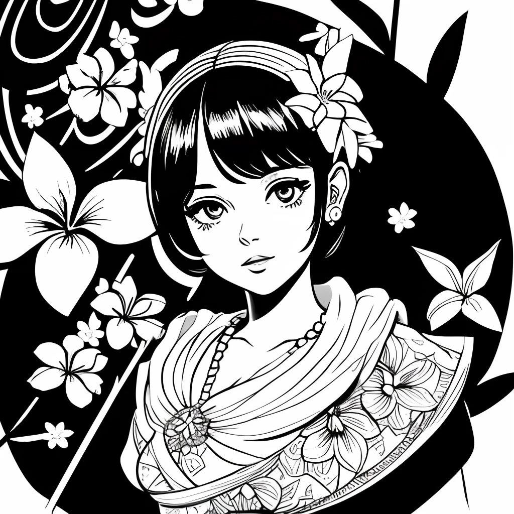 Black and white stick figure 1 girl with frangipani flower in background, loli in dress with flowers, its fine ink line art, comic style, portrait of ploynesian girl, Marilyn Munroe, Hollywood glam, beautiful line art, black and white comic style, manga style, manga art style, pencil and ink caricature drawing, black and white coloring