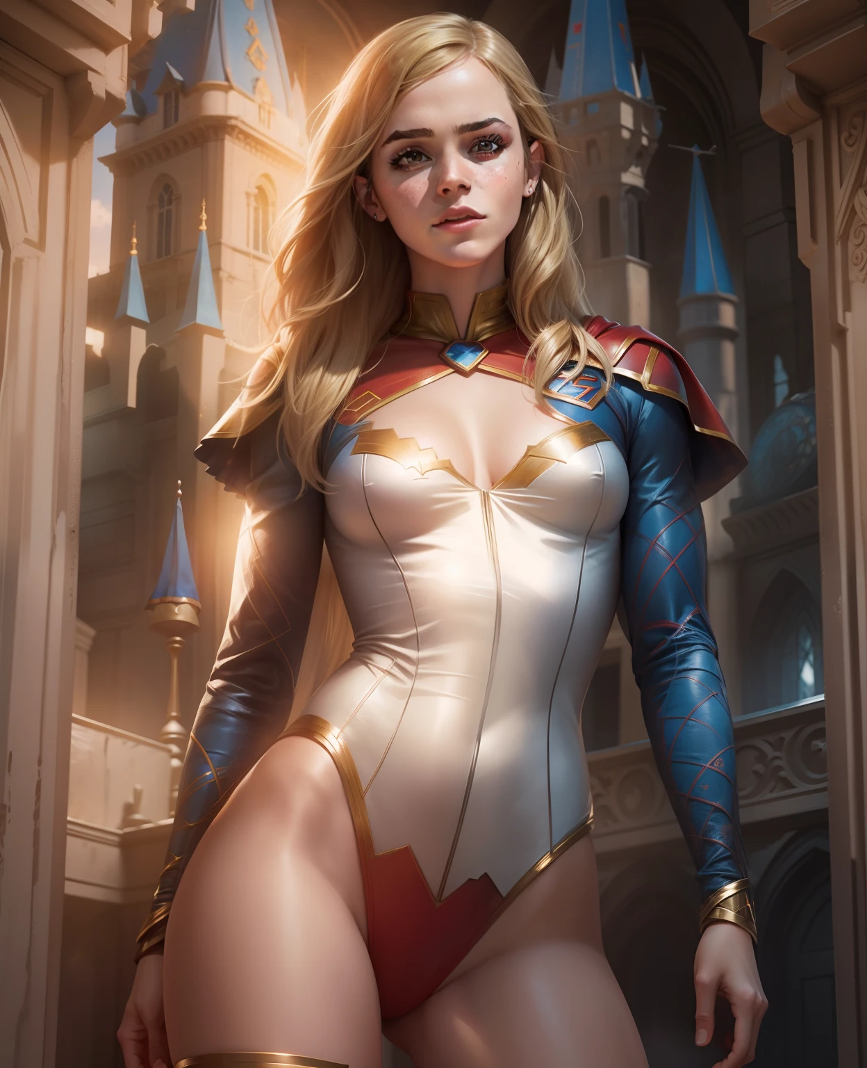 Emma Watson, Supergirl, blonde hair,super-heroine,ultra realistic, dressed like Supergirl