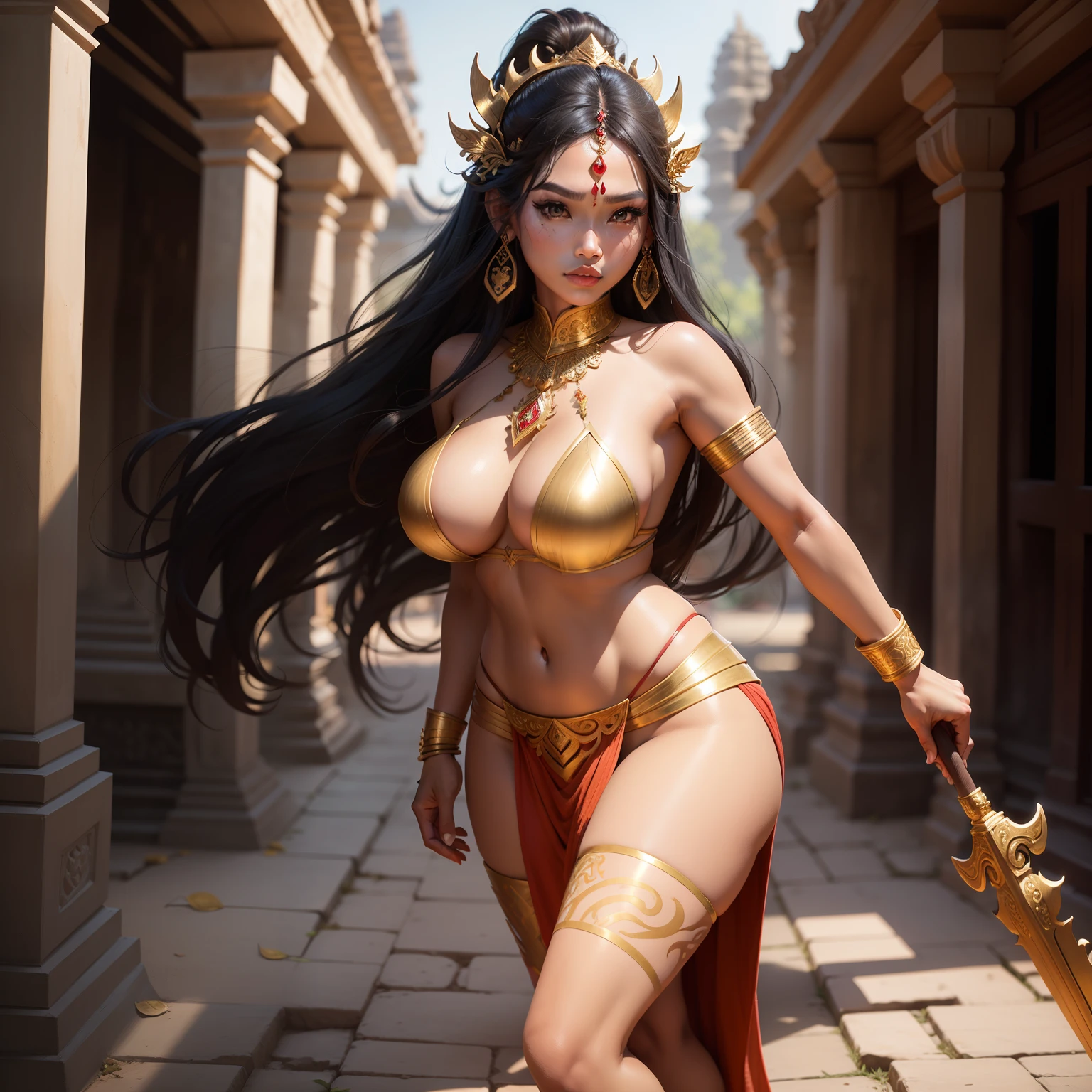Female Khmer warrior, long black hair, dark brown tanned, Armour on, bangles, Angkor temple, full body, holding weapon, sexy tied hair up, crowd on the head, wearing jewelry, Sak yant tattoos on the arm, curvy body, wear red sarong outfits, dark skinned, cute face, big lips, Diamond shape faces, wide nice nose, defined features on the face, apsara jewelry on, gold leaves jewelry, fighting at war