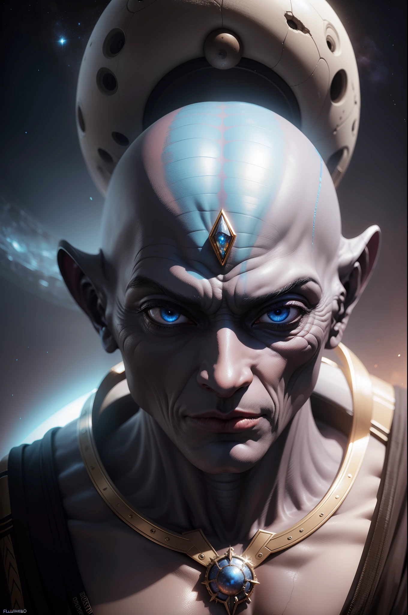 zomb00d, Archean Gorn, wearing Meek Vintage Lavender Boatneck top, Saturn's rings background, split diopter, Satisfying, 50mm, <lora:zomb00d-000010:1>