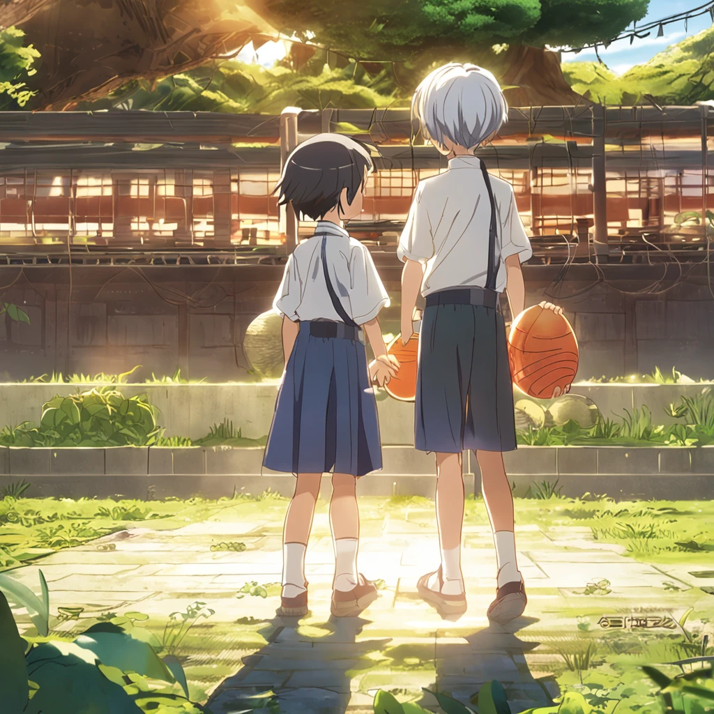 ,(tmasterpiece:1.2),best qualityer,Pisif,Taoist, A couple of children playing ball in the field, from yowamushi pedal, um dia ensolarado, On a sunny day, Today's featured anime stills, sunny day time, official fanart, Sunny day, opening scene, Ghibli is colorful, author:Uesaka Seka, animated movie still, on a bright day, bright sunny time, Kyoto Animation style boy standing in front of a black pillar of light,cleanness,