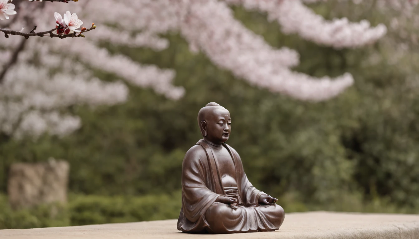 A Zen contemplation garden with a monk meditating under a cherry blossom, pequenos riachos serpenteiam pelo jardim, um suave vento carrega o aroma das flores, conveying a sense of serenity and connection to nature