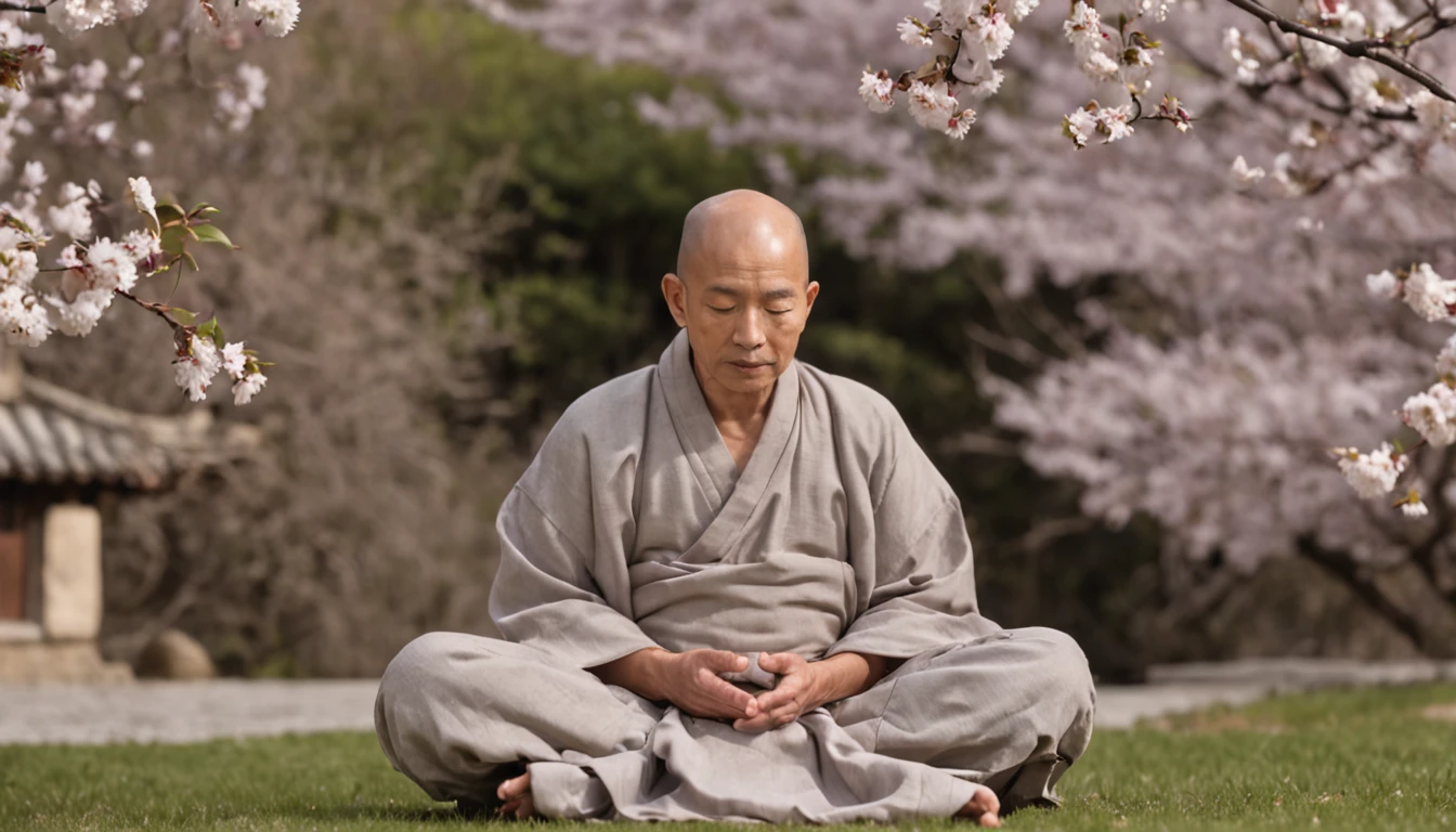 A Zen contemplation garden with a monk meditating under a cherry blossom, pequenos riachos serpenteiam pelo jardim, um suave vento carrega o aroma das flores, conveying a sense of serenity and connection to nature