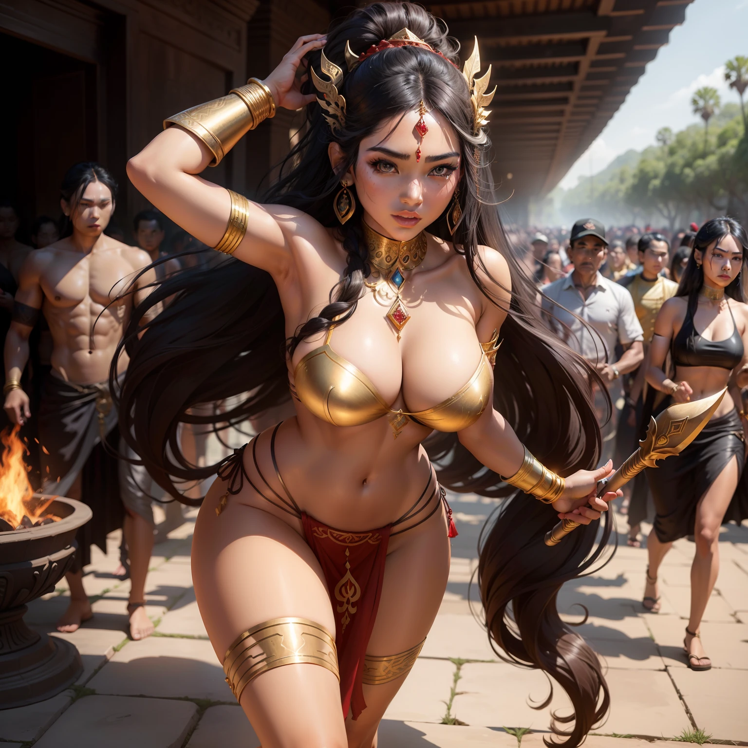 Female Khmer warrior, long black hair, dark brown tanned, Armour on, bangles, Angkor temple, full body, holding weapon, sexy tied hair up, crowd on the head, wearing jewelry, Sak yant tattoos on the arm, curvy body, wear red sarong outfits, dark skinned, cute face, big lips, Diamond shape faces, wide nice nose, defined features on the face, apsara jewelry on, gold leaves jewelry, fighting at war