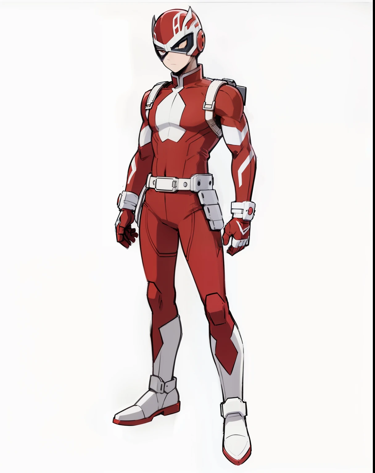 My Hero Academia style, anime boy, male, young male, trending on artstation pixiv, (full body shot:0.5), head covering, helmet, face covering, mask, hero suit, full body suit, red suit with white details, Perfect anatomy, Super Detailed,
