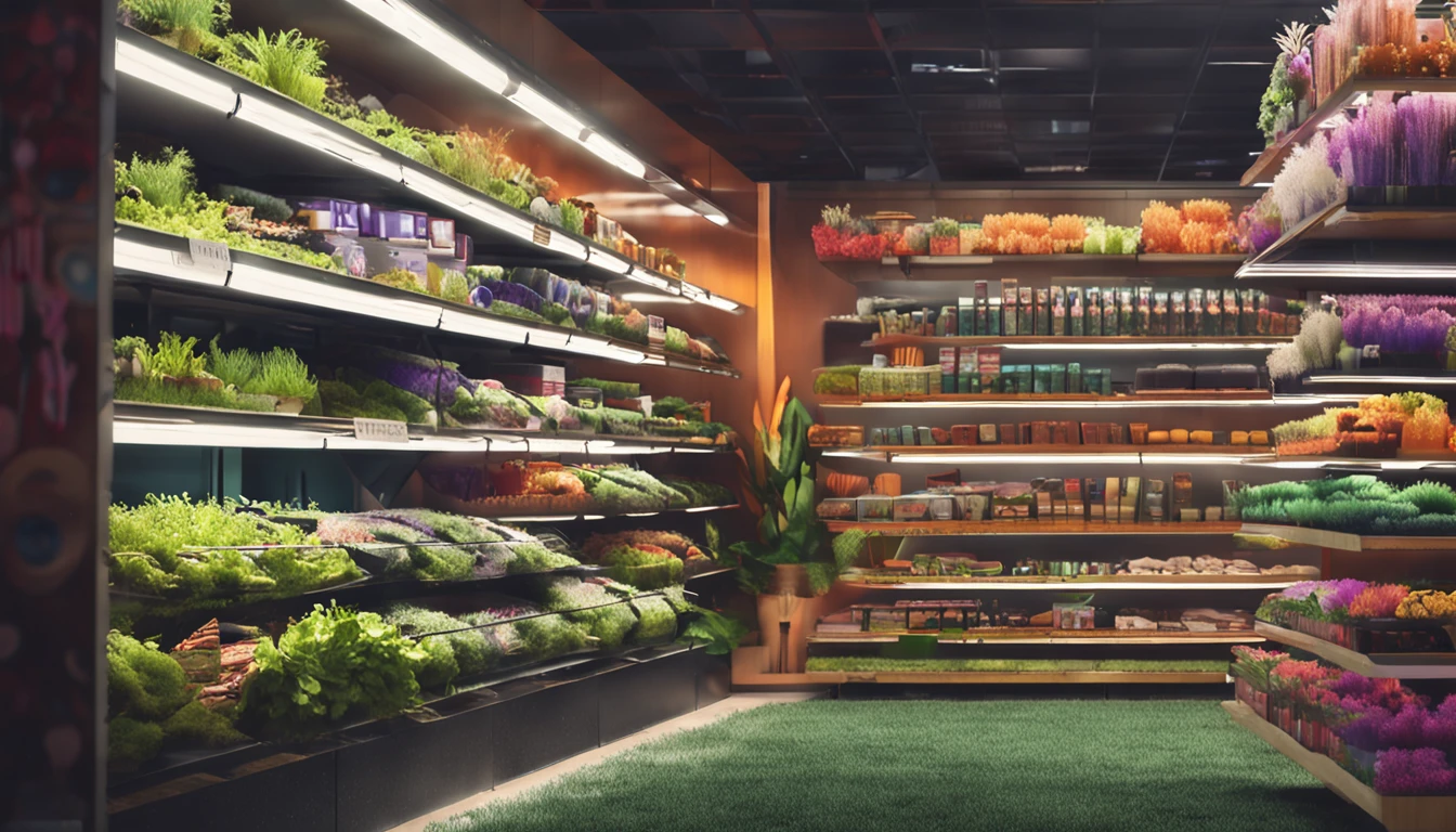 Inside the uninhabited mall,Lots of shelves,low perspective,There is a lot of grass growing on the ground