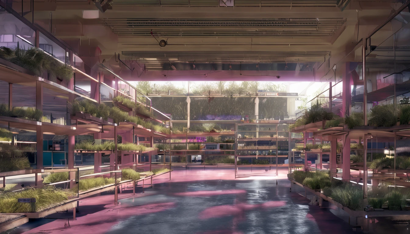 Inside the uninhabited mall,Lots of shelves,low perspective,There is a lot of grass growing on the ground