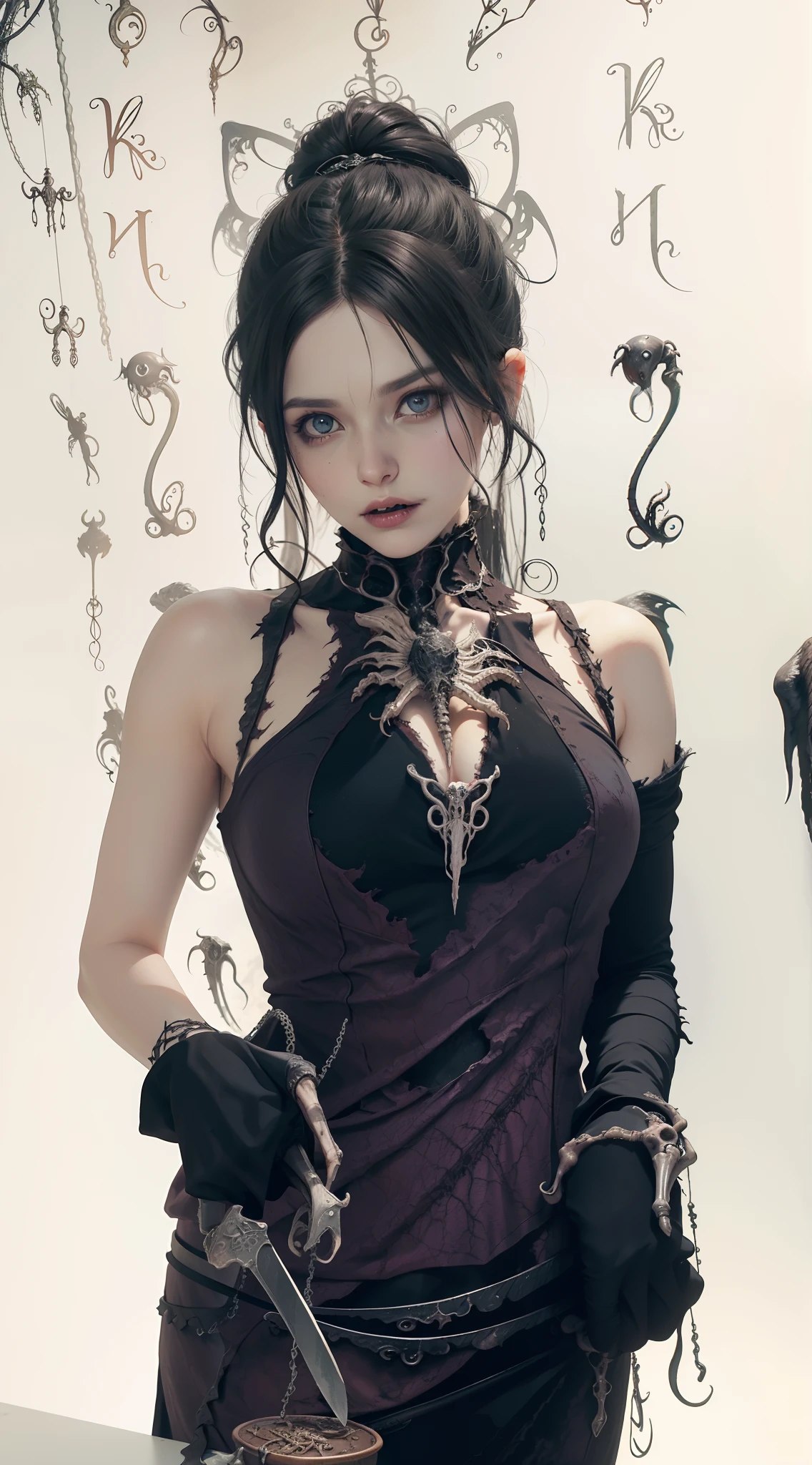 Fine matte painting, skeleton dark angel big wings haunted castle on drawing table full of knives, horror, spookiness, scary, secret horror, tentacles, vines, eyes, uncanny valley effect teeth, limbs, animals, blood moon,