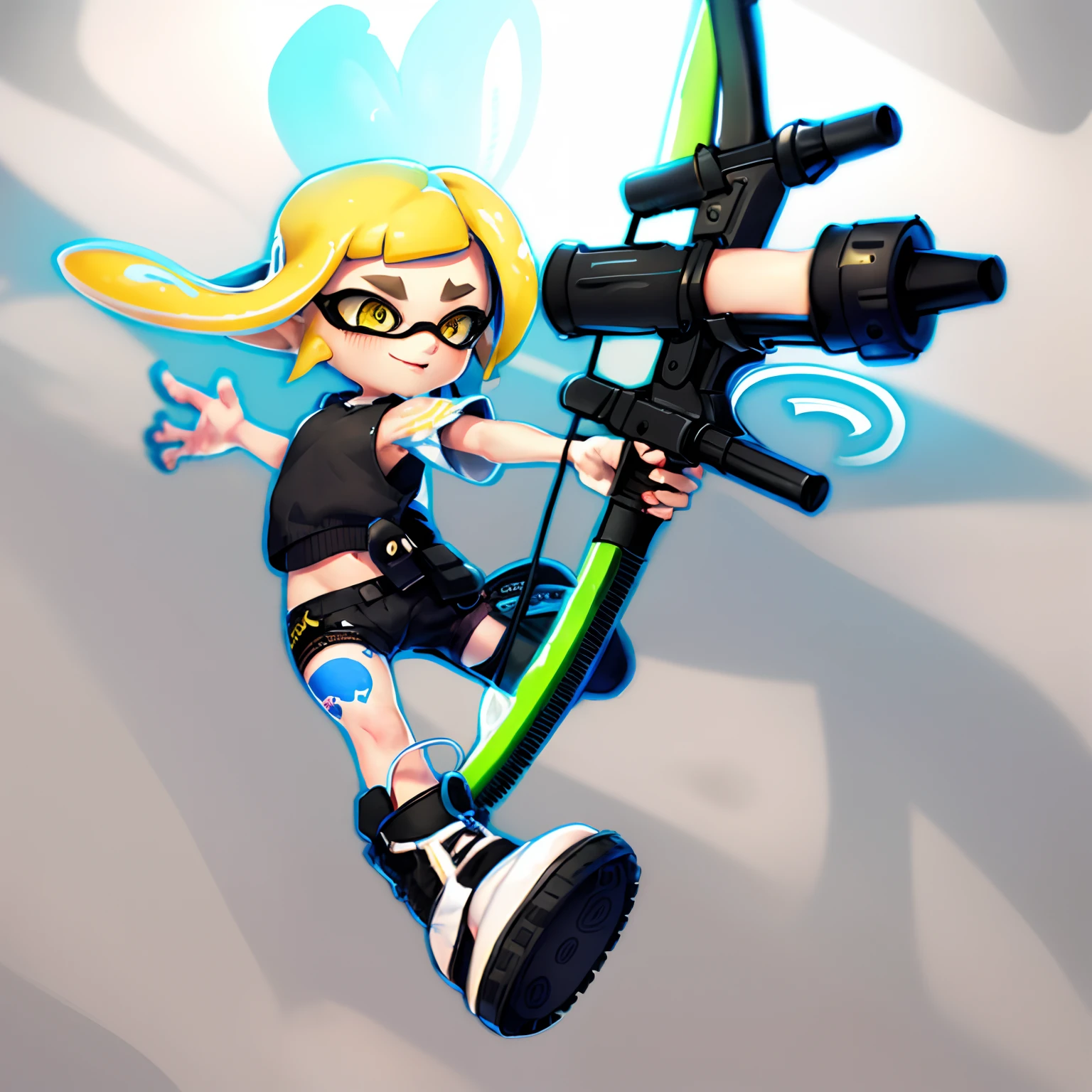 Drawing of a girl with a bow and a bow in her left hand - Sling, Female protagonist , with splatoon style, cellshading!!!,Yellow hair, video game fanart, With a tattoo of a squid, gadget hackwrench, Splatoon 3, high quality fan art