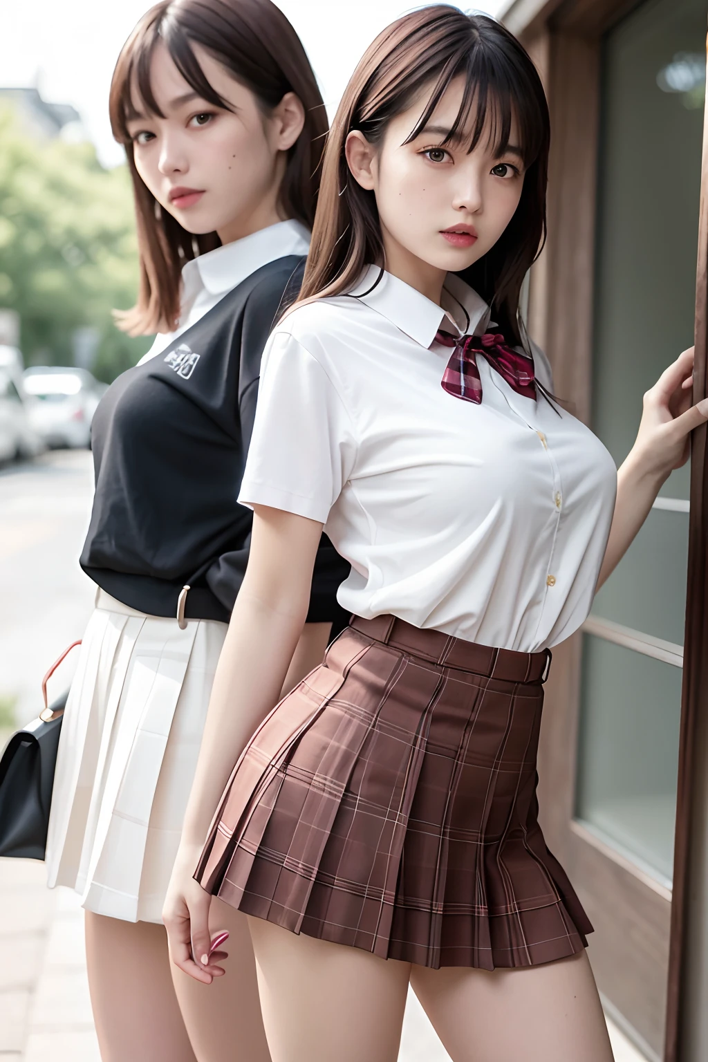 NSFW, 8K Raw photograph, Best quality, Masterpiece, 超高分辨率, filmgrain, filmg, (((Two girls,duo))), view the viewer, Natural skin texture, Realistic eye and face details, full pouty lips, lipstick, (Makeup), Red eyeshadow, Fluffy short hair, Messy hair, Smile, closing the mouth, Beautiful legs, Tall female, Skinny, Slim_Legs, duo, Pose with your hips facing you, Superskirt, hindquarters, shirt, Beautiful natural location, Location around the flowers, (Detailed background), Plaid skirts, shirt, Huge breasts peeking out a little through the shirt, Loafer shoes, The background is blurred out, Blurry, Holding, tartan, Short sleeves, JK ribbon on neck, JK ribbon, Brown hair, Bracelet, water, bangs, school uniform, jewelry, parted lip, Lips, From the side Side, Pleated skirt, Depth of field